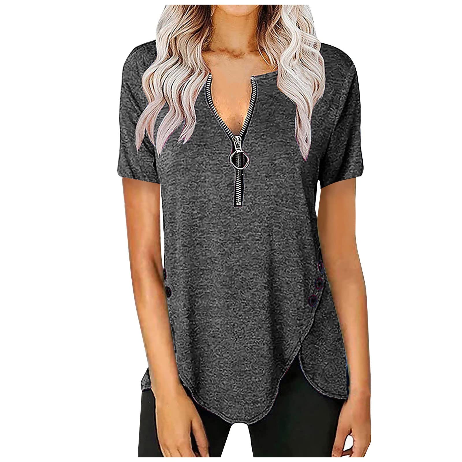 Women's Casual Summer Short Sleeve V-Neck Button Side Tunic Blouse - Breathable & Stylish Top for Office, Beach & Everyday Wear