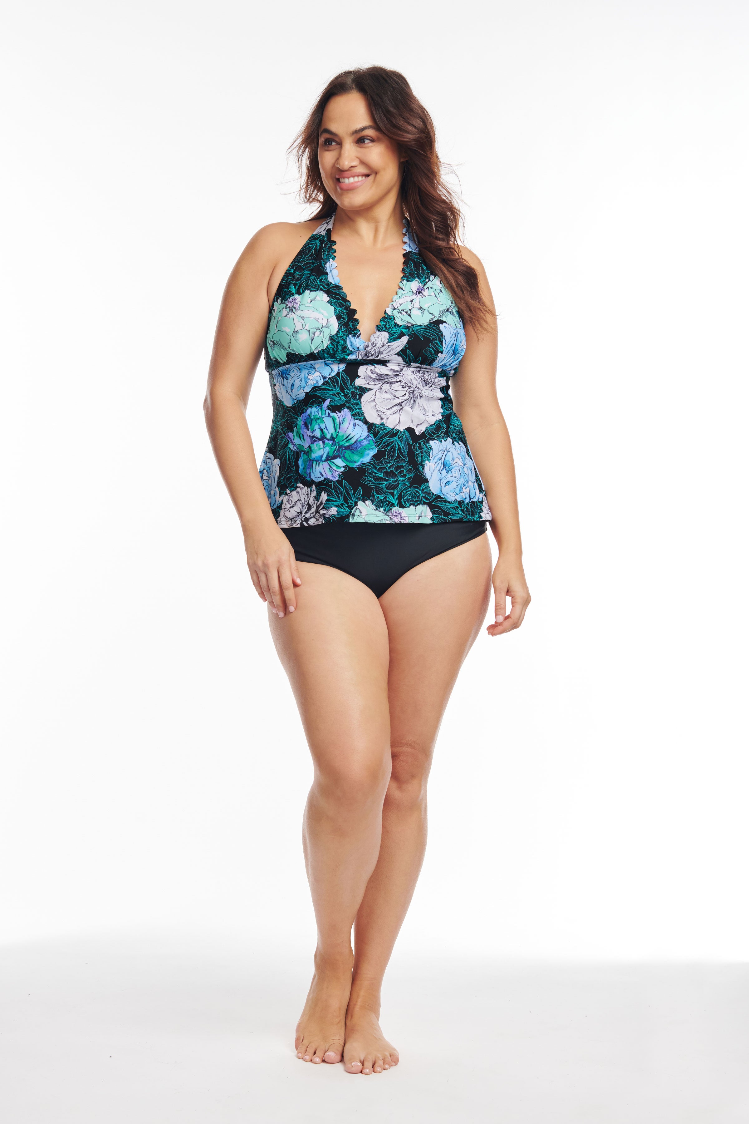 Plus Size Scallop Neckline Halter Tankini Top - Floral Swimwear for Women | Beach Vacation & Pool Party Outfit