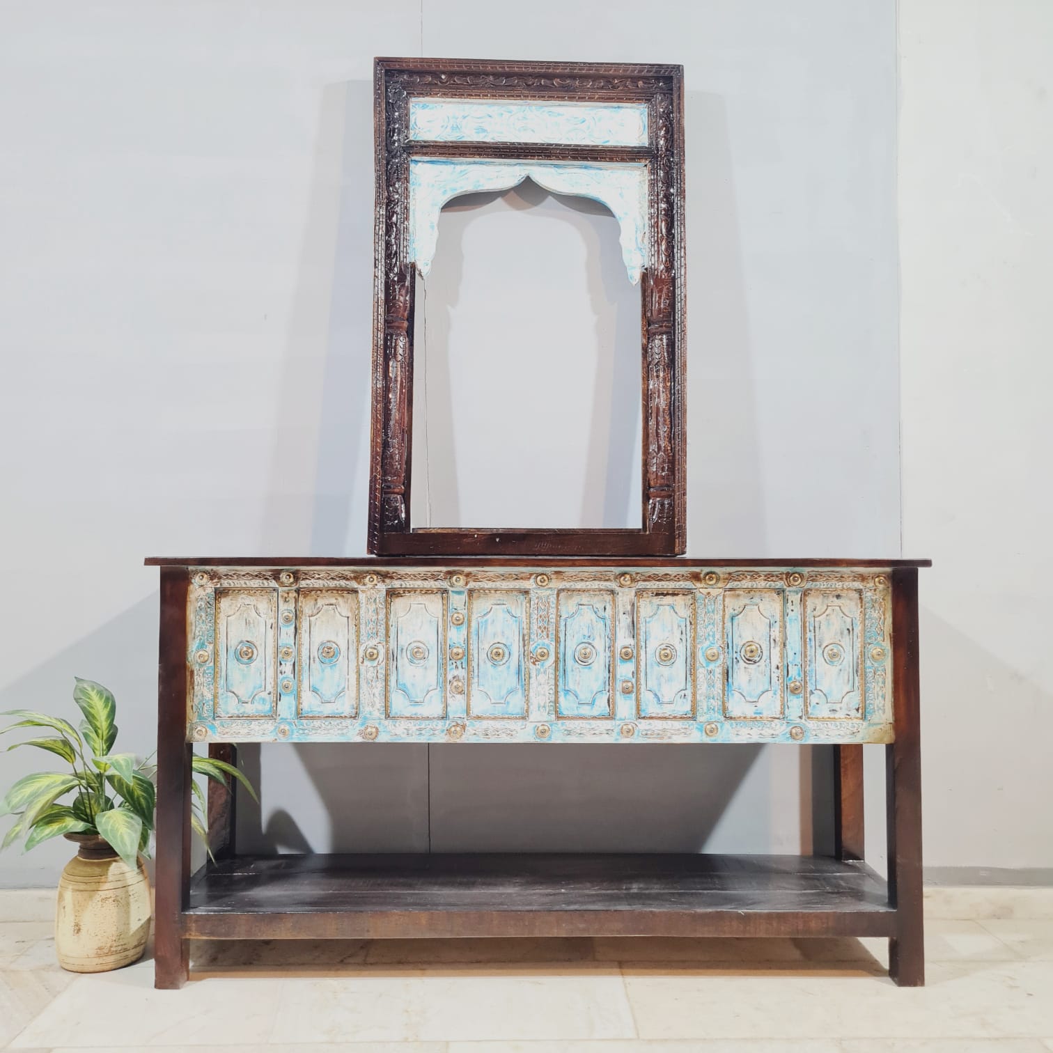 Handmade Carved Solid Hardwood Old Door Console Table - 65