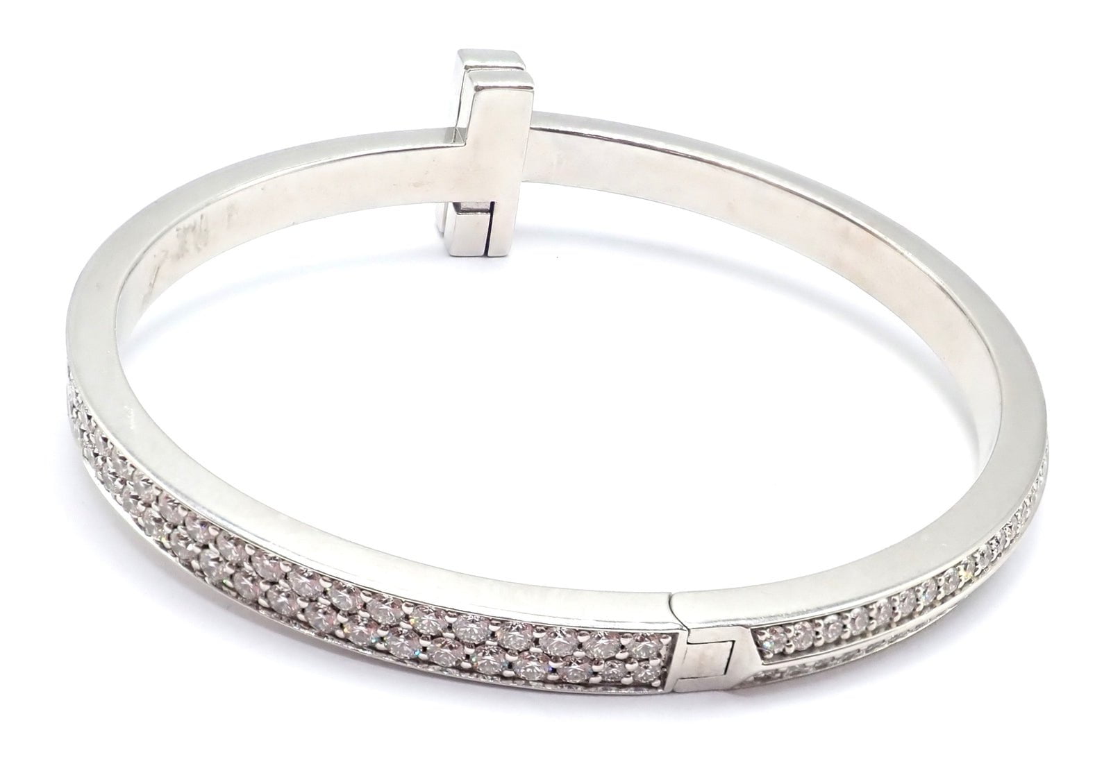 Authentic Tiffany & Co 18k White Gold Diamond T1 Wide Hinged Bangle Bracelet - Luxury Jewelry for Women, Perfect for Weddings, Anniversaries & Special Occasions