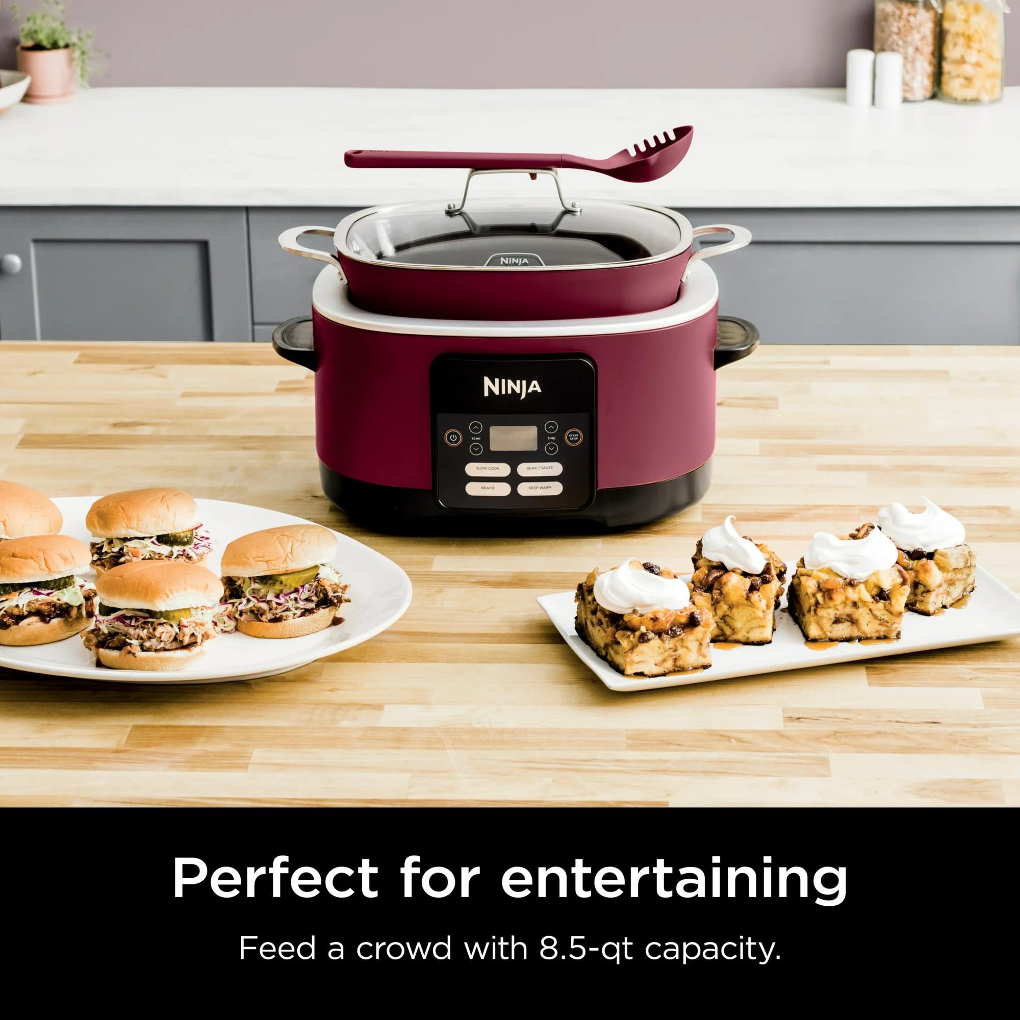 Ninja MC1000 Foodi PossibleCooker 8.5 Quart Multi-Cooker - 4-in-1 Slow Cooker, Dutch Oven, Steamer & More with Glass Lid & Spoon - Nonstick, Oven Safe Pot (500°F) - Cherry Red (Renewed) - Perfect for Family Dinners, Meal Prep & Holiday Cooking