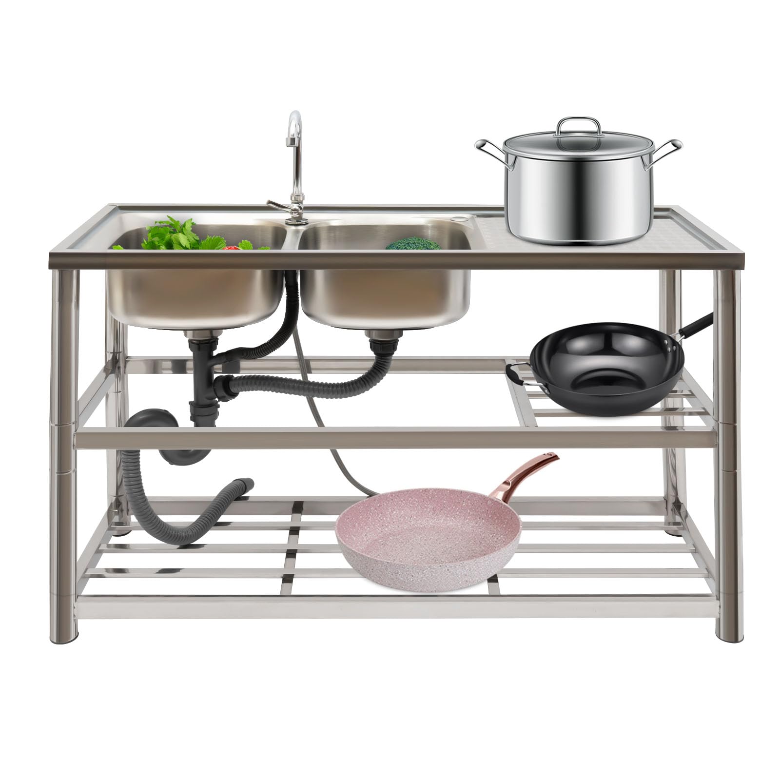 Premium Stainless Steel Commercial Kitchen Sink Set - Double Bowl Free Standing Restaurant Sink with Faucet, Drainboard & Storage Shelves for Indoor/Outdoor Use - Ideal for Food Prep, Dish Washing & Utility Tasks in Restaurants, Food Trucks & Home Kitchens