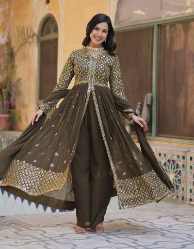 Elegant Olive Green Georgette Designer Suit Set with Front Slit - Women's Formal Office Wear & Evening Party Outfit