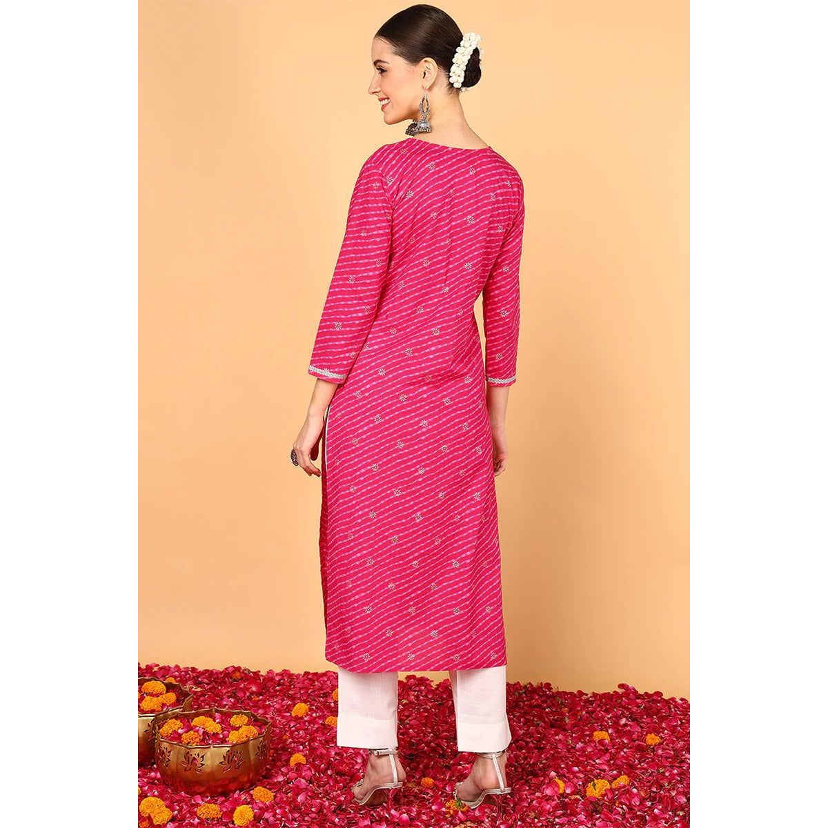 Pink Cotton Leheriya Printed Straight Kurta for Women – Comfortable Indian Ethnic Wear for Festivals, Parties & Casual Outings