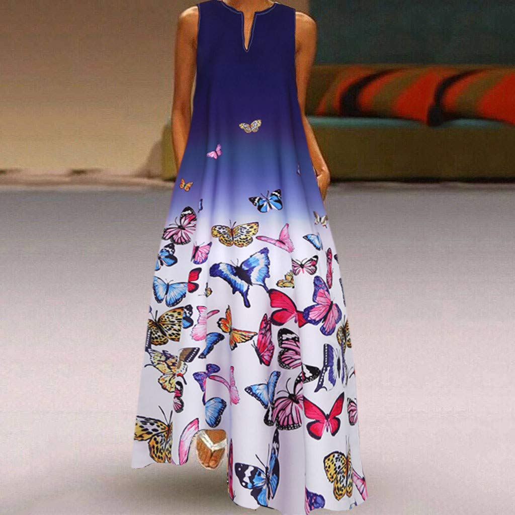 Women's Vintage Boho Sleeveless V-Neck Maxi Dress - Gradient Print Summer Sundress for Casual Wear & Beach Outings