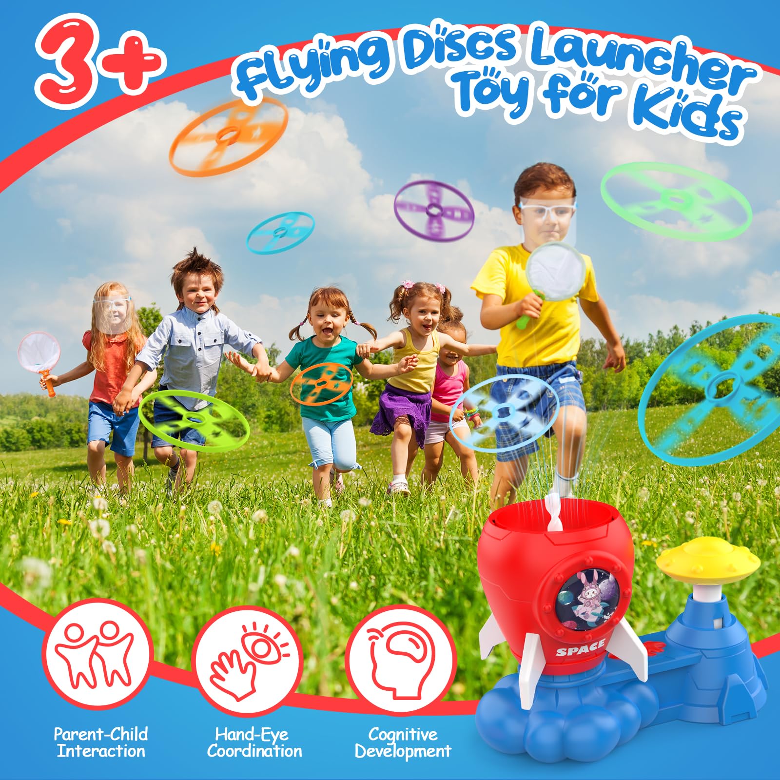 Skirfy Outdoor Flying Disc Launcher Toy Set with Glow-in-the-Dark Discs - Fun Backyard Games for Kids Ages 3-8 - Perfect Easter, Valentine's Day & Birthday Gift for Boys & Girls - Great for Family Outdoor Play, Park Activities & Summer Camp Fun