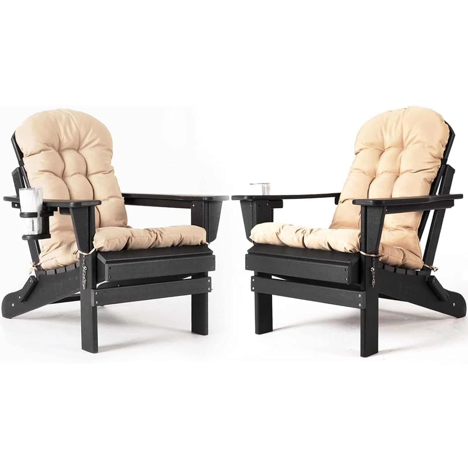 Nalone 2-Pack Folding Adirondack Chairs with Cushions & Cup Holders - Heavy Duty HDPE Plastic Oversized Patio Furniture Set, Weatherproof Outdoor Lounge Chairs for Backyard, Deck, Garden, Poolside & Campfire (Black)