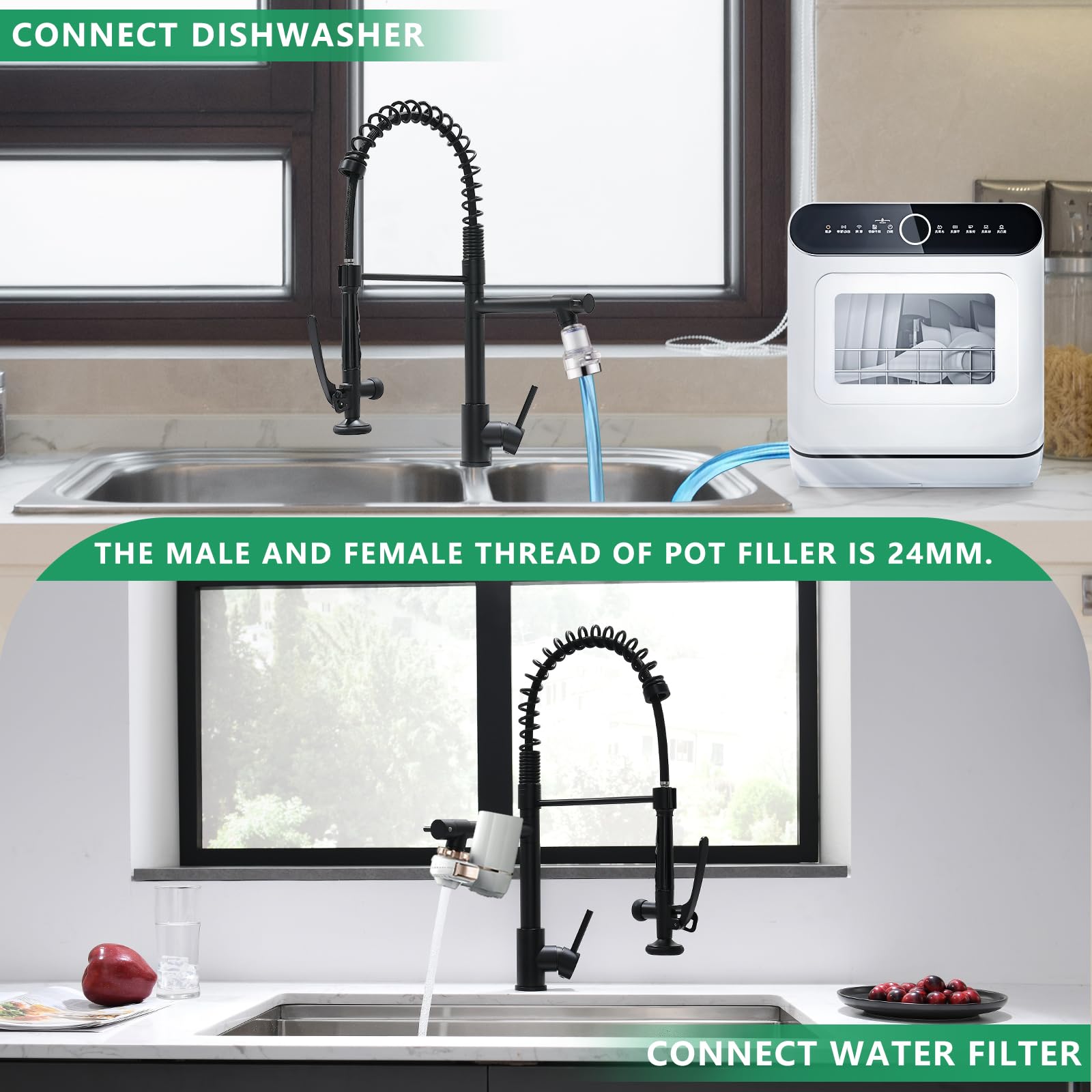 Fapully Black Kitchen Faucet with Deck Plate - Modern Matte Black Pull Down Sprayer Faucet for Sink, High Arc Brushed Nickel Gooseneck Design - Perfect for Home Kitchen, Restaurant & Commercial Use