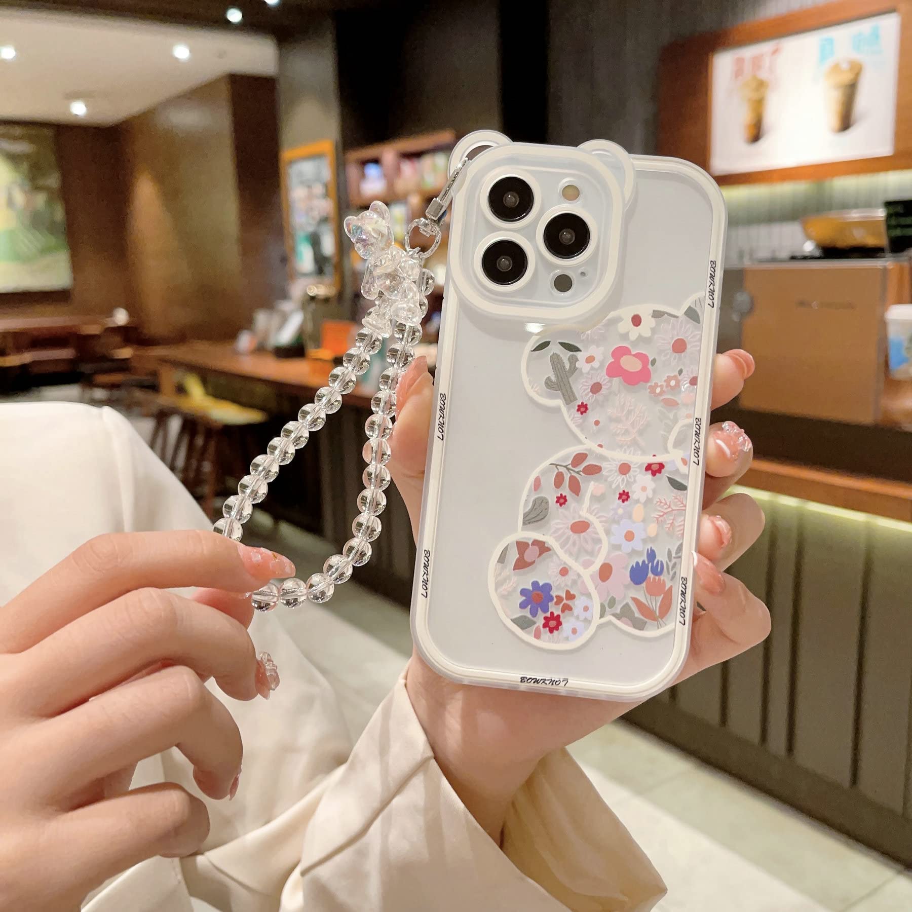Shinymore Cute Floral Bear Clear Case for iPhone 12 Pro - Camera Protector with Adjustable Strap Bracelet | Trendy Protective Cover for Women & Girls | Perfect for Everyday Use, Travel & Photo Shoots