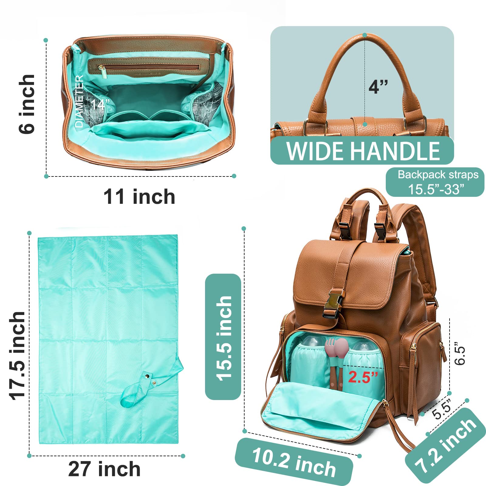 Premium Leather Diaper Backpack for Moms - Large Capacity Baby Bag with 4 Insulated Pockets, Wet/Dry Compartment & Changing Pad | Perfect for Travel, Registry & Daily Use with Organizing Pouches