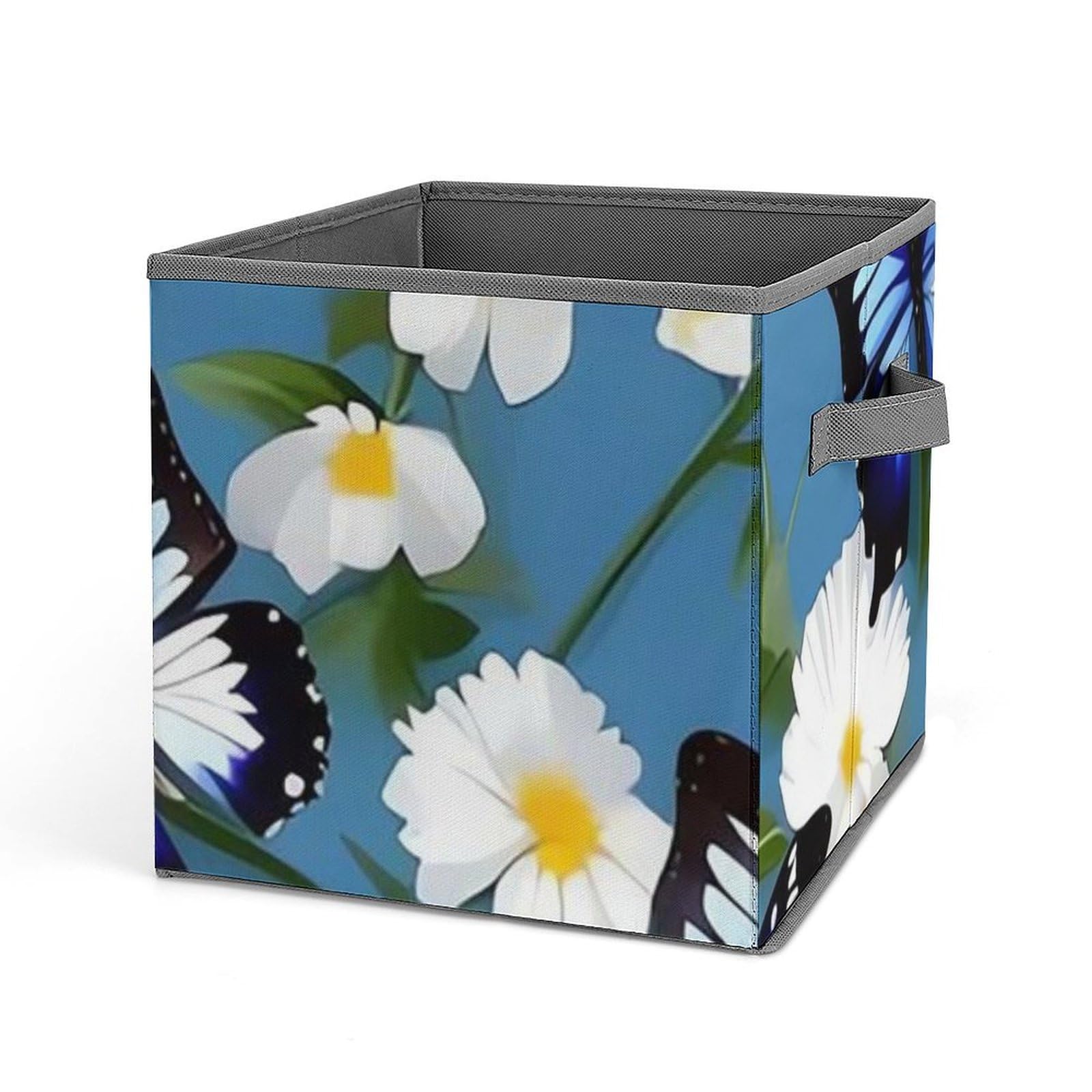 Blue Butterfly & White Floral Pattern Collapsible Storage Bin - 10.6