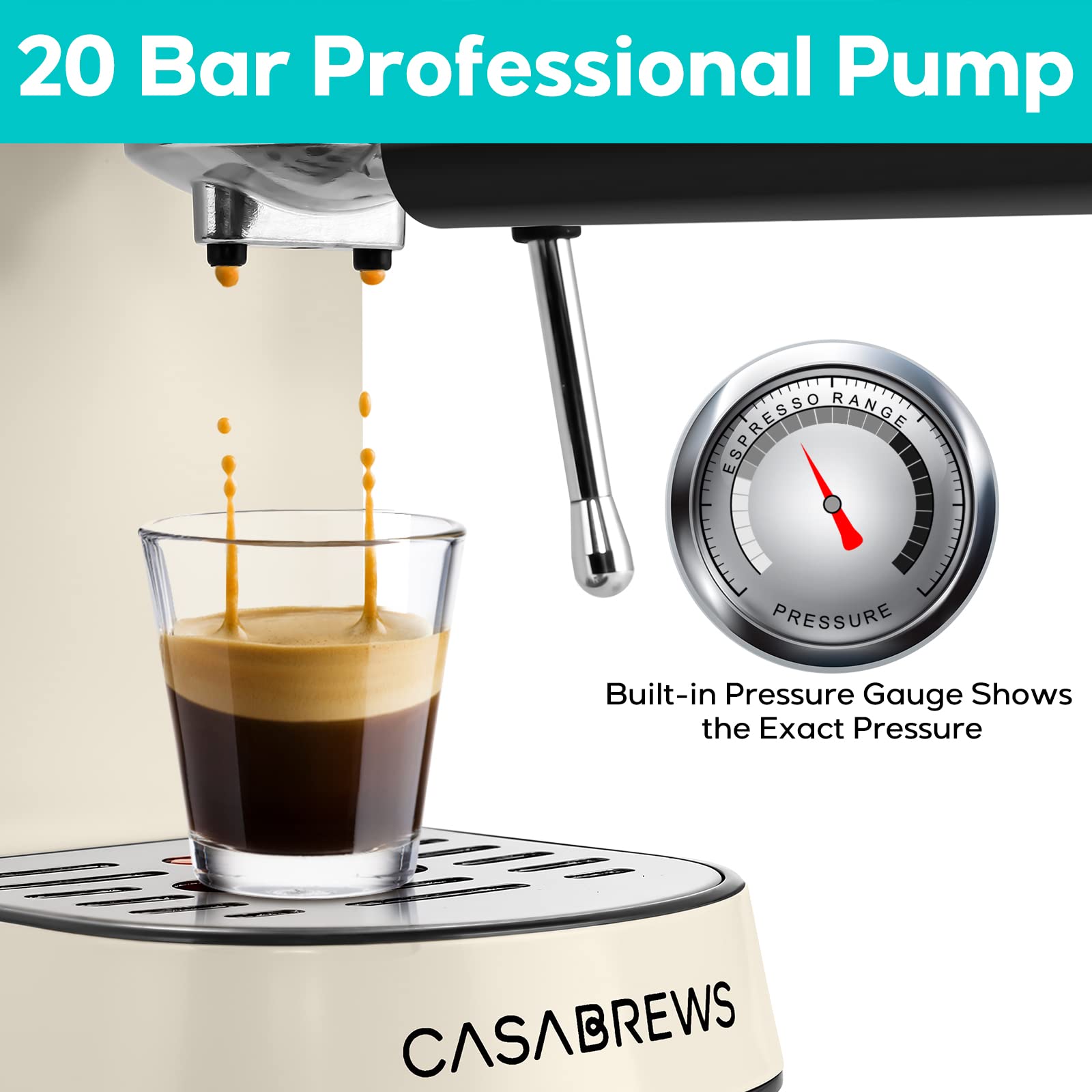 CASABREWS 20 Bar Espresso Machine with Milk Frother - Stainless Steel Coffee Maker, 34oz Removable Water Tank for Creamy Espresso & Latte - Perfect for Home Baristas & Coffee Lovers