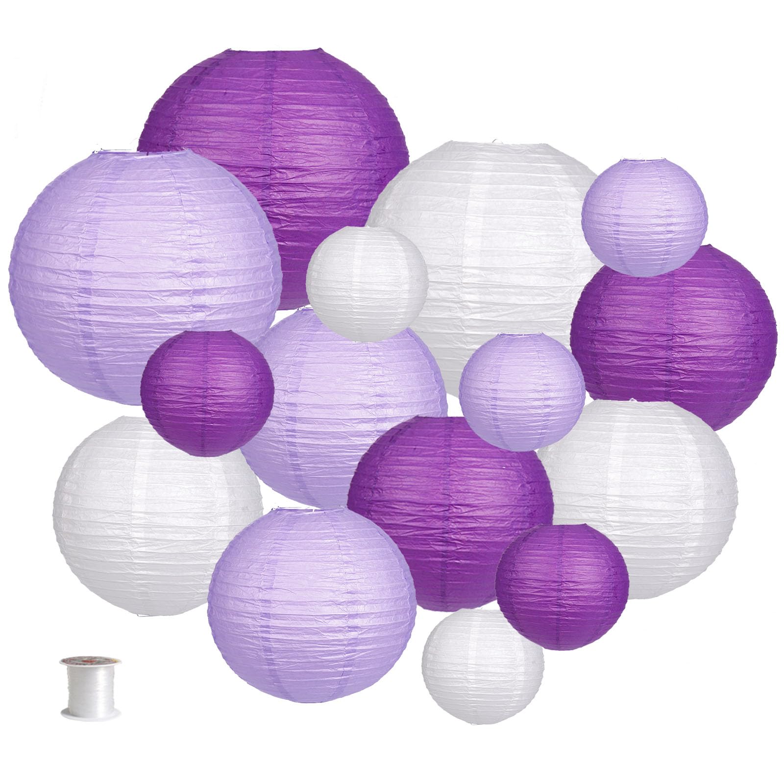 15pcs Round Hanging Paper Lanterns for Party Decor - Purple Lavender White Wedding Bachelorette Engagement Birthday Decorations | Indoor Outdoor Home Garden Event Lighting