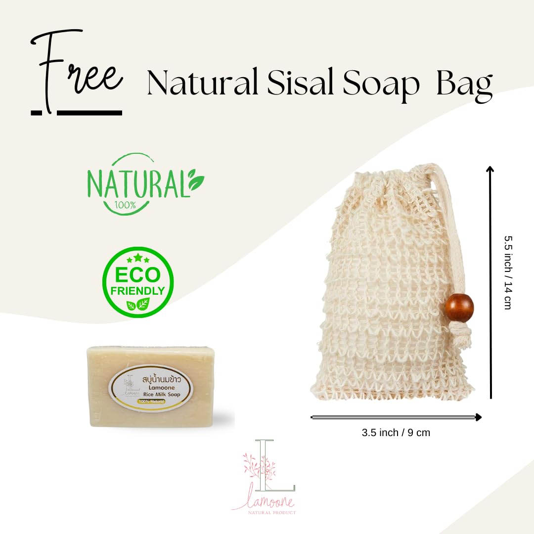 Organic Herbal Rice Milk Soap with Natural Exfoliating Bag - Moisturizing Collagen Glycerin Vitamin E Soap Bar 3.5oz (100g) - Gentle Lather for Dry & Sensitive Skin - Made in Thailand - Perfect for Daily Cleansing, Spa Treatment & Gift Giving
