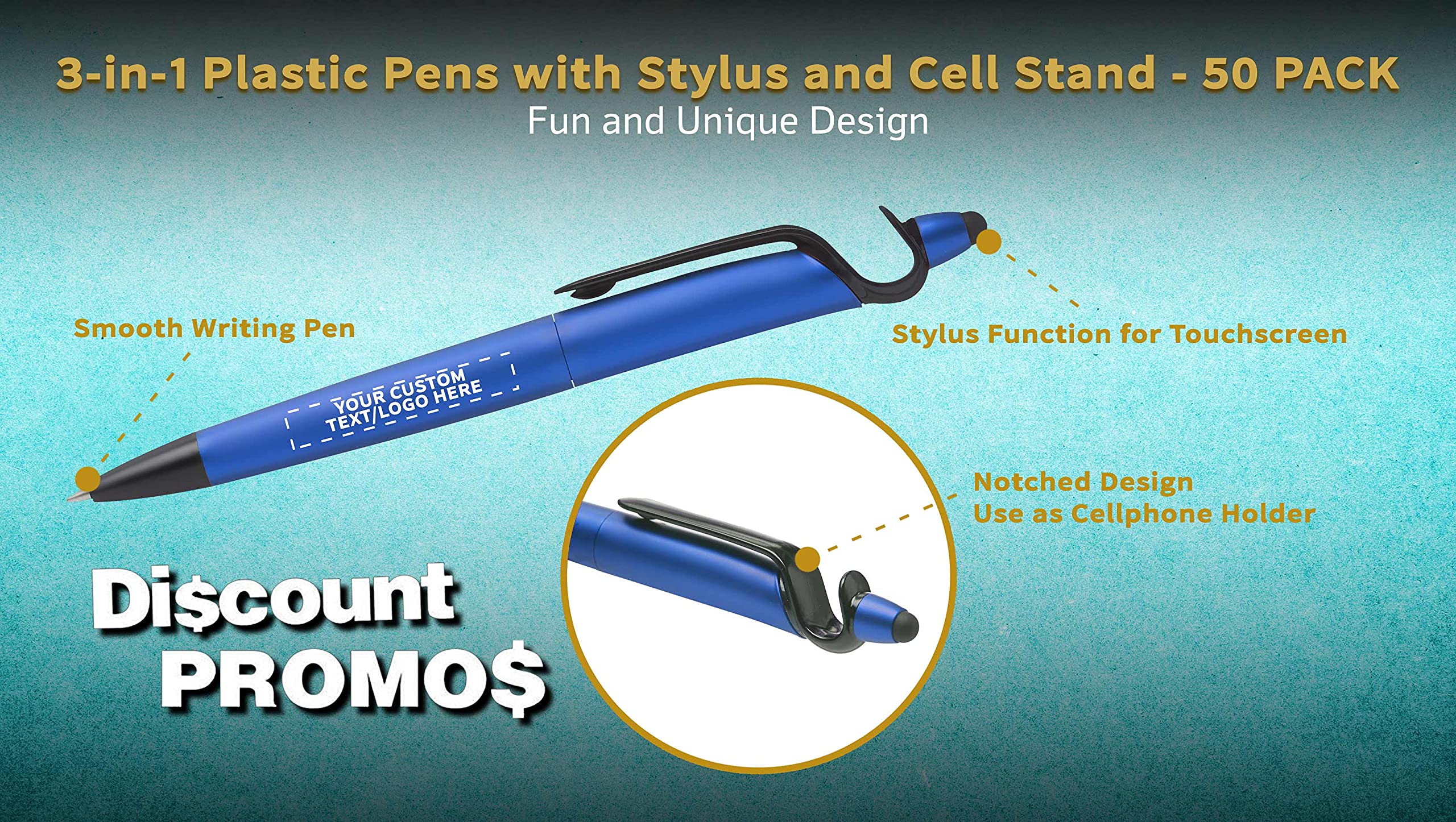 3-in-1 Multi-Function Plastic Pens with Stylus & Phone Stand - 50 Pack Bulk Office Supplies - Custom Text & Logo Printing - Ballpoint Black Ink Pens for Business Promotions, Giveaways & Corporate Events - Perfect for Trade Shows, Conferences & Employee Gifts