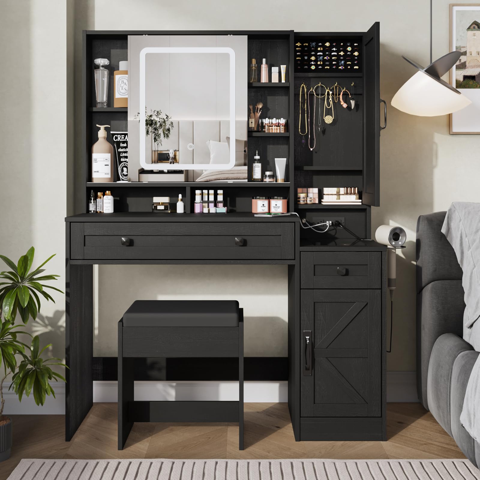 Fameill Vanity Desk with LED Lights & Power Outlet - Makeup Dressing Table with Mirror, 2 Drawers, Jewelry Cabinet & Stool - Modern Bedroom Furniture for Women & Girls (Black) | Perfect for Makeup Application, Jewelry Organization & Home Decor