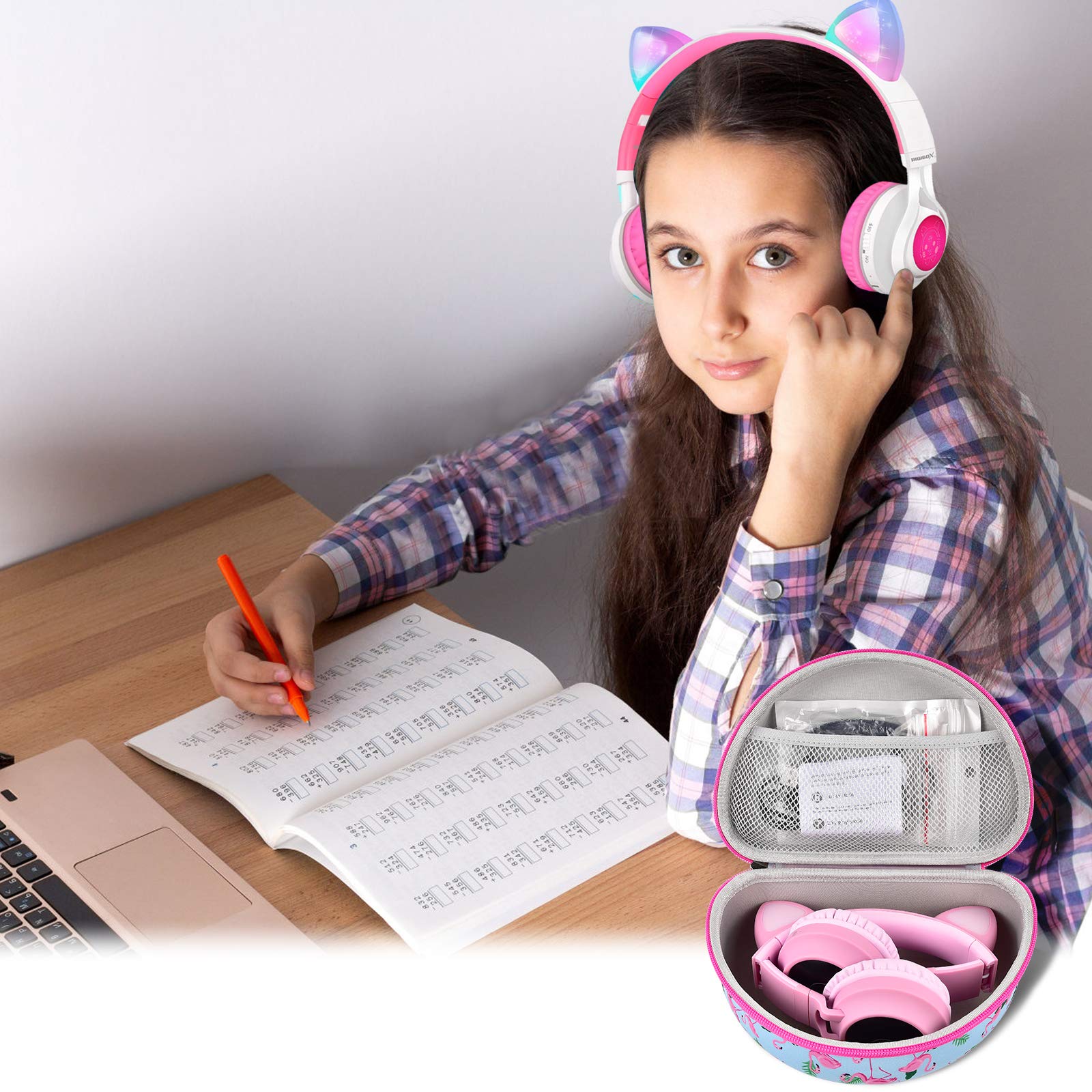 Riwbox CT-7 Pink Cat Ear Wireless Bluetooth Headphones Case - Compatible with iClever, ONITOO, TCJJ, Picun & FosPower Over-Ear Headphones - Protective Storage Box for Kids & Teens - Perfect for School, Travel & Gaming Accessories