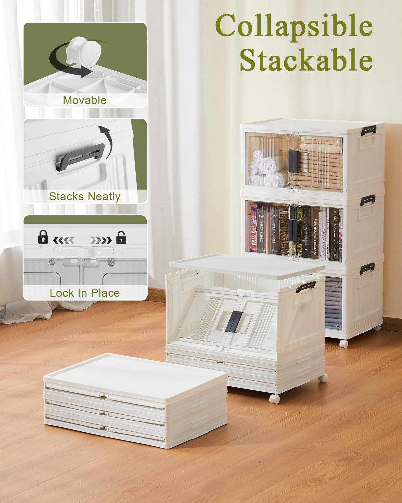 OlarHike 144QT Lockable Storage Bins with Lids - Foldable Plastic Storage Box with Doors & Wheels, Collapsible Stackable Organizer for Closet, Garage & Home Organization (3-Pack) - Perfect for Seasonal Storage, Toys & Household Items