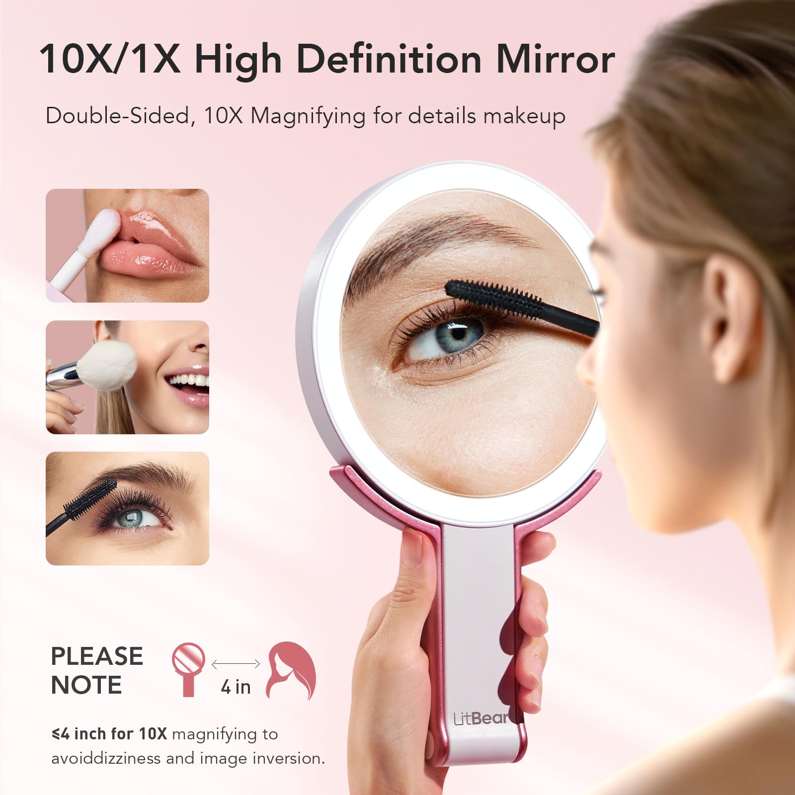 Rechargeable Travel Makeup Mirror with Lights - 10X/1X Magnifying, 3-Color Dimmable LED for Home & Travel