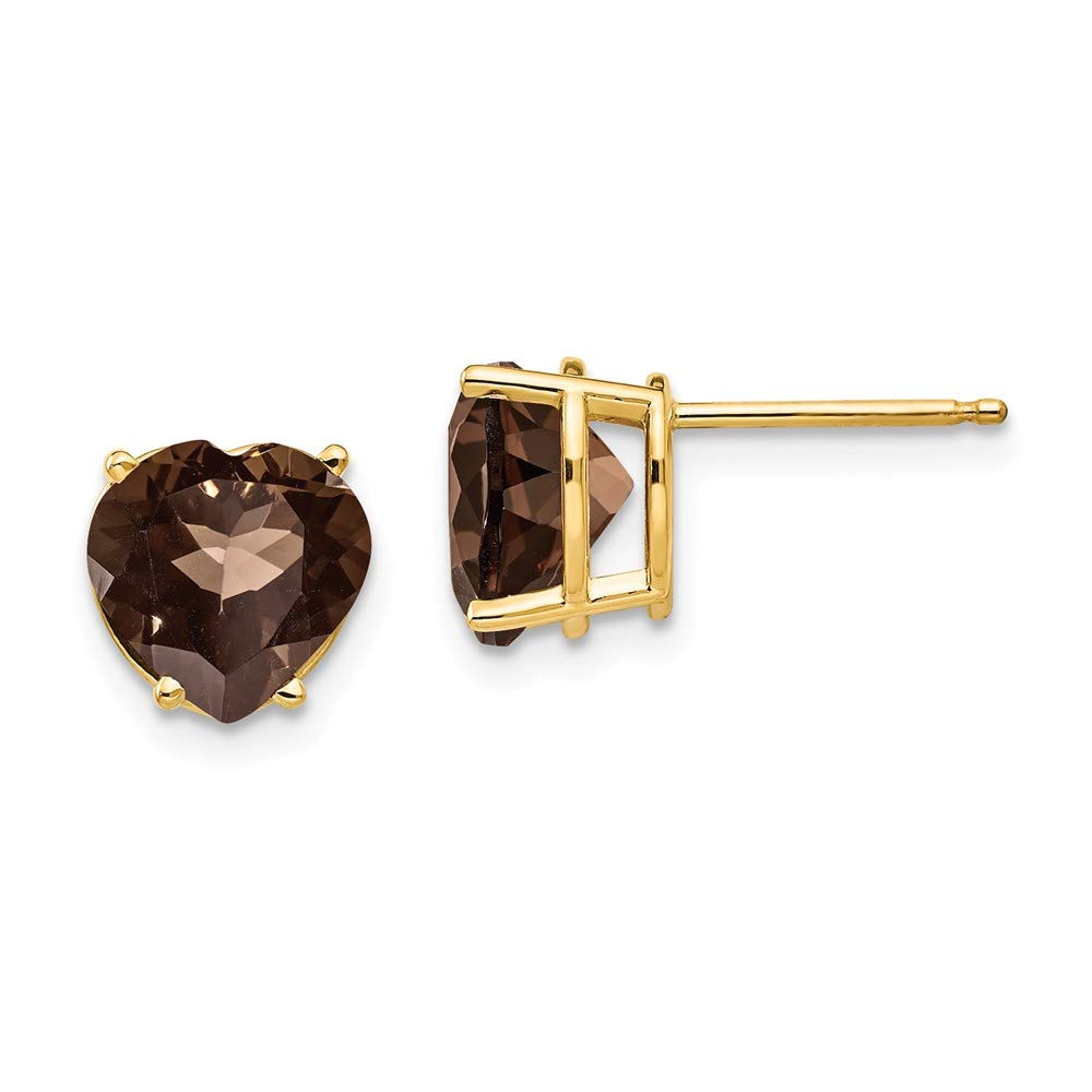 14K Solid Yellow Gold Heart Stud Earrings with Chocolate Brown Smoky Quartz - 8mm x 9mm for Women, Gift for Her, Valentine's Day, Anniversary, Birthday, or Everyday Wear
