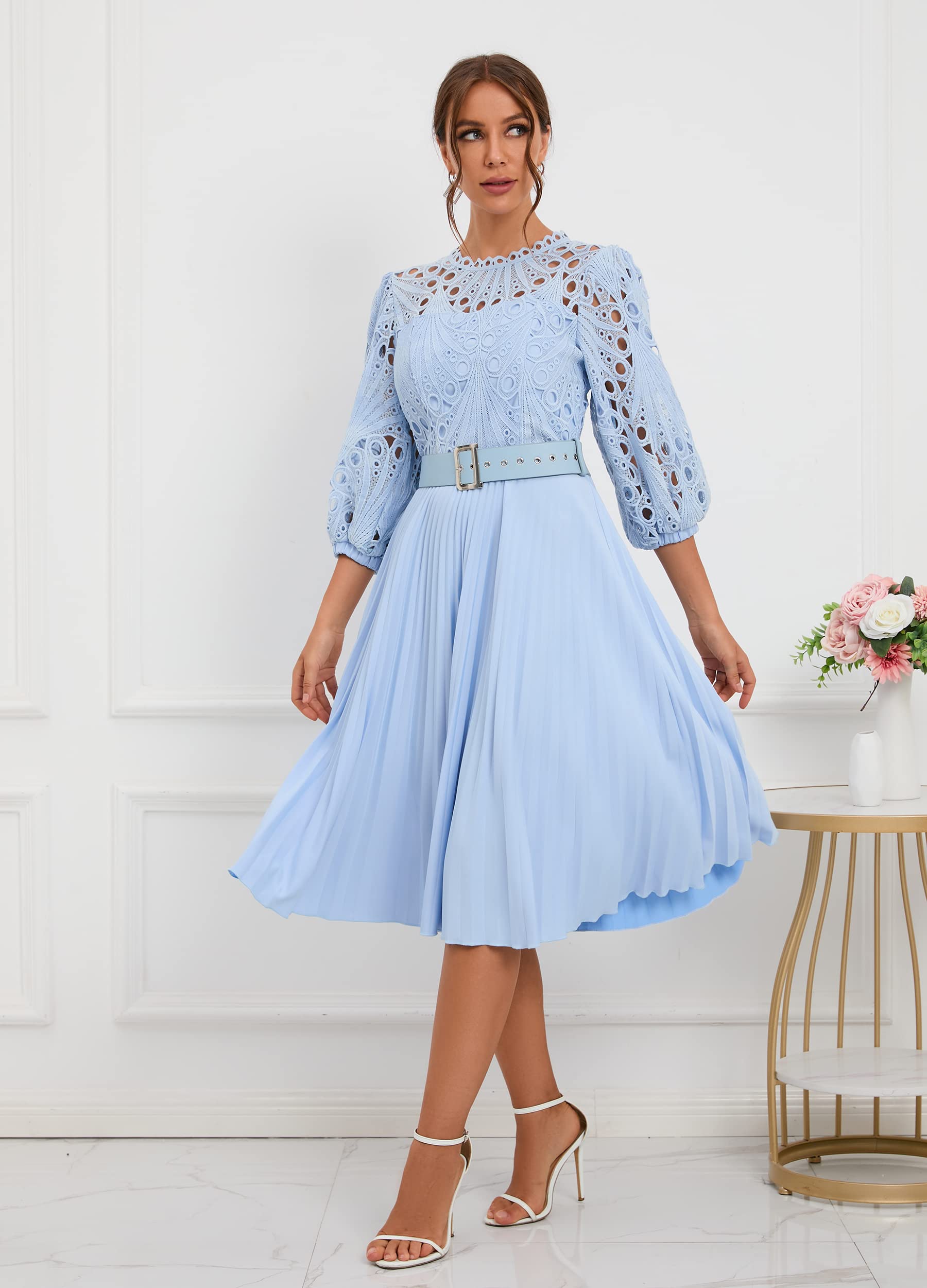 Elegant IWFEV Lace Pleated Midi Dress with Puff Sleeves - Hollow Out Design for Party, Evening Wear & Special Occasions | Perfect for Weddings, Cocktail Events & Date Nights