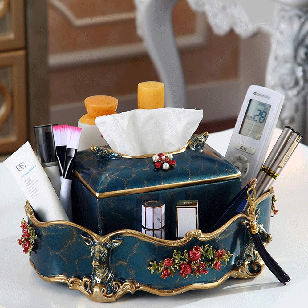 Vintage European Style Resin Tissue Box Cover with Multi-Function Storage - Remote Control Holder, Napkin Organizer & Cosmetic Case | Red Pomegranate Relief Design for Home Office Desk Decor (Tabletop Decoration)