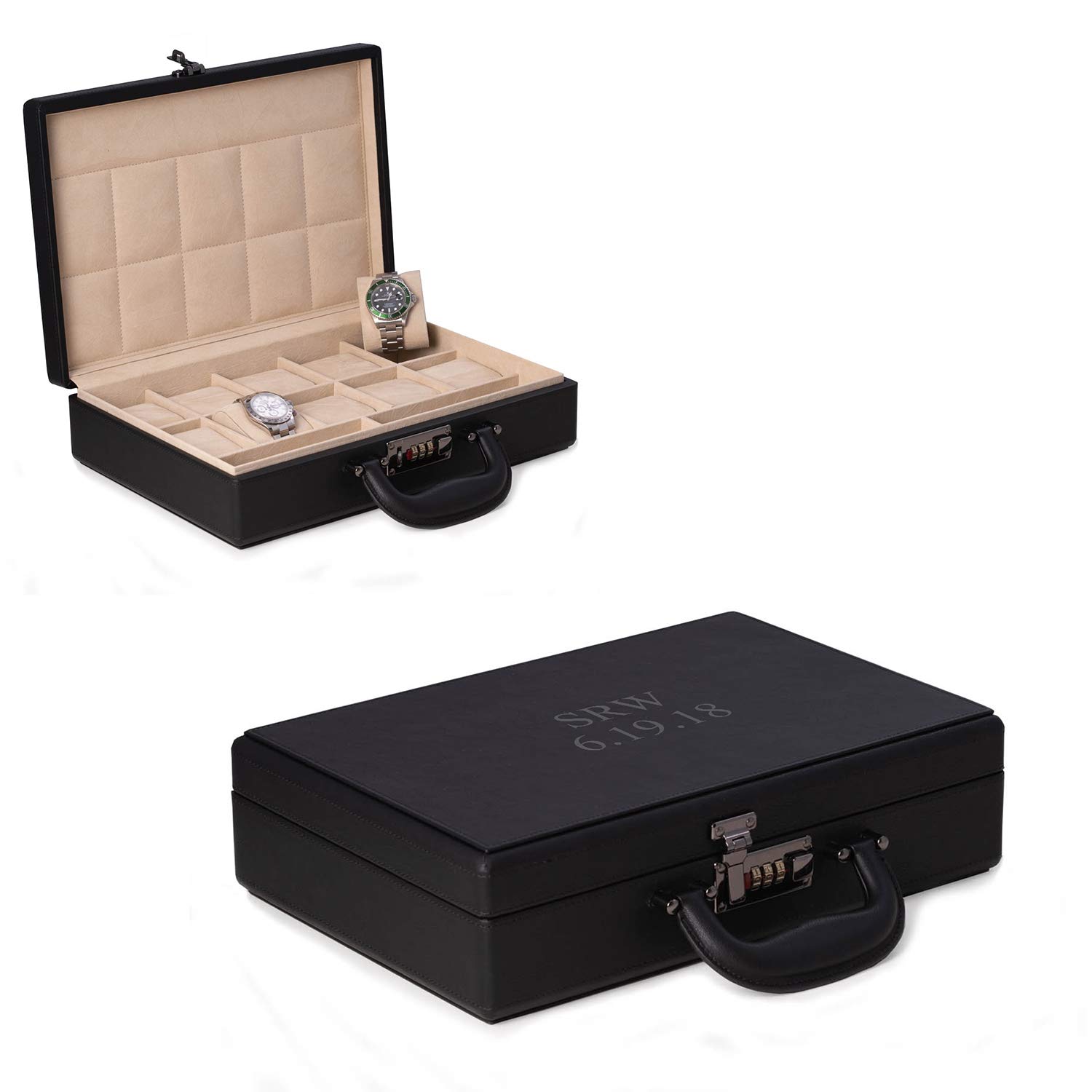 Bey-Berk Custom Personalized Alfred Watch Box Briefcase - Holds 10 Watches & Accessories | Luxury Watch Storage & Travel Case for Collectors