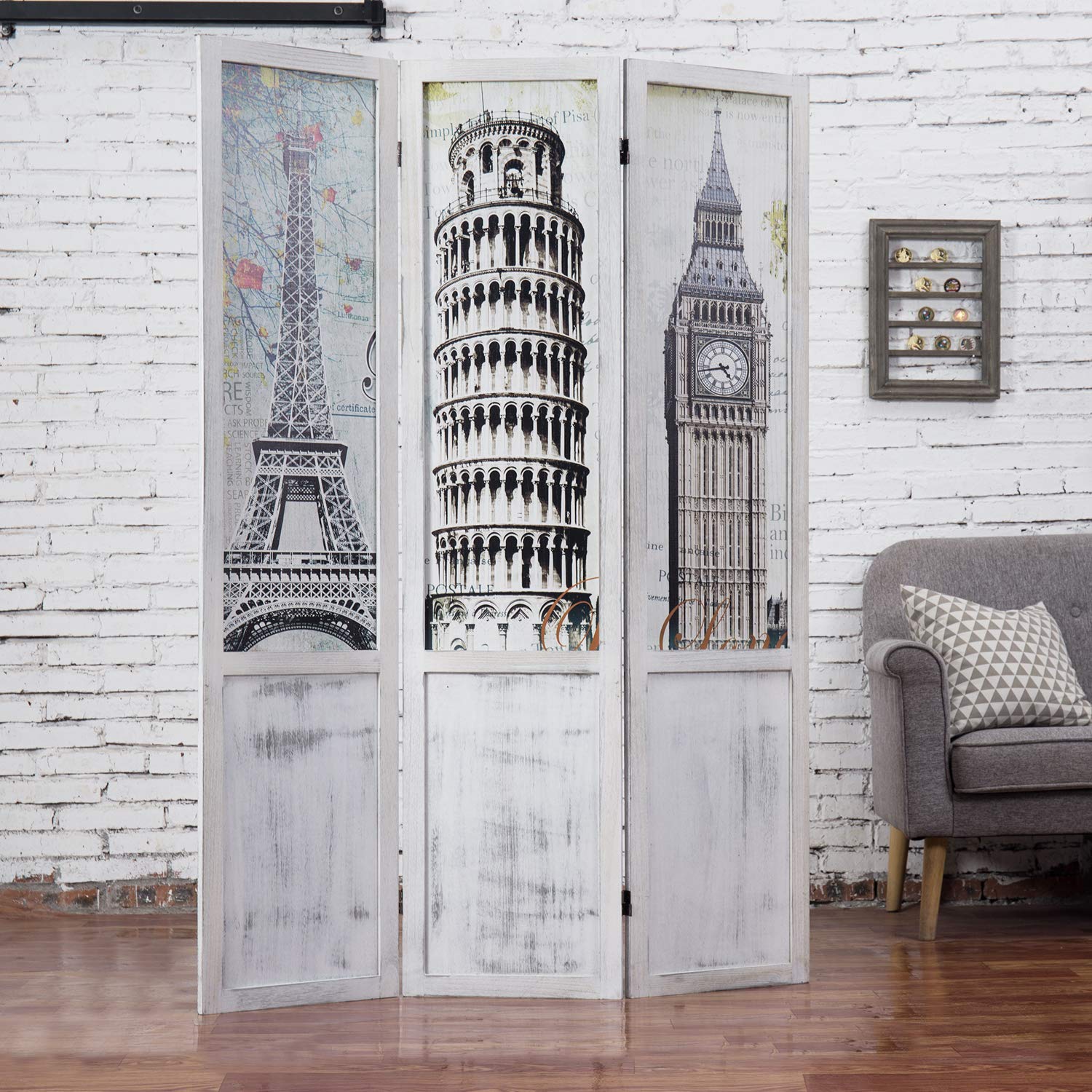MyGift 3-Panel Single-Sided European Famous Landmarks Room Divider with Whitewashed Wood Frame - Stylish Room Partition for Home, Office, and Dorm Decor