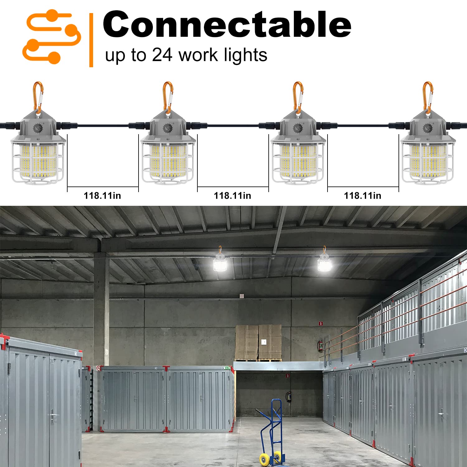 55W 8500LM LED Work Light - Equivalent to 200W HID/HPS - 13.12FT Power Cord with US Plug - 5000K Daylight White - Linkable Hanging Light with Outlet & Hook - Perfect for Construction Sites, Warehouses, Garages, and Outdoor Events