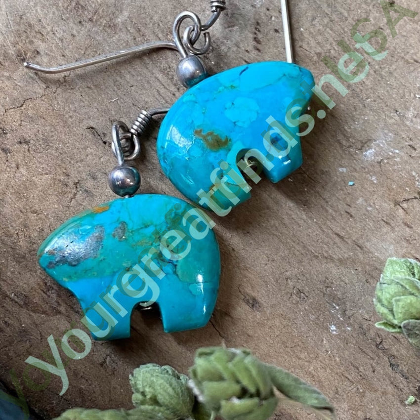 Vintage Hand-Carved Turquoise Zuni Bear Earrings in Sterling Silver - Authentic Native American Jewelry for Women, Perfect for Boho & Southwest Style Outfits