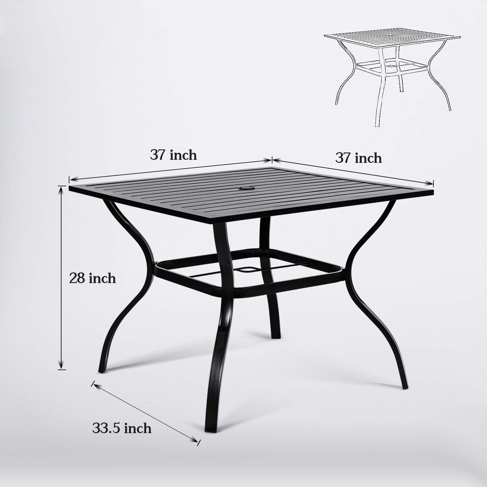 SOLAURA 37-Inch Outdoor Dining Table with Metal Frame - 4-Person Patio Table with Umbrella Hole, Weather-Resistant Black Slat Top for Indoor & Outdoor Use - Perfect for Backyard, Garden, Poolside & Balcony Dining