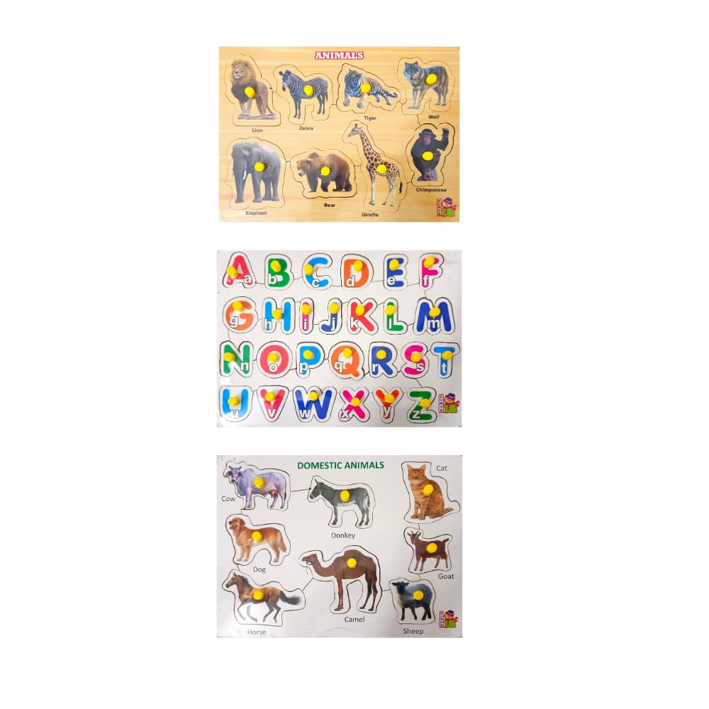 Wooden Learning Boards & Puzzles for Kids 3+ & Adults - Educational Toys Set with Wild Animals, Fruits, Domestic Animals, ABCs, Birds & Shapes - Perfect for Preschool Learning, Family Game Night & Montessori Activities