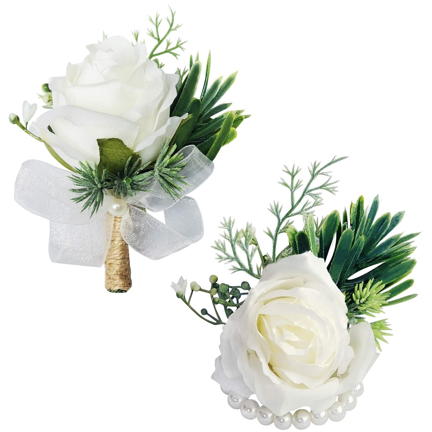 White Rose Wrist Corsage & Boutonniere Set - 2Pcs Wedding Flowers for Ceremony, Prom, Bridal Party - Elegant Floral Wristband & Buttonhole for Men's Formal Events (White Rose Collection)