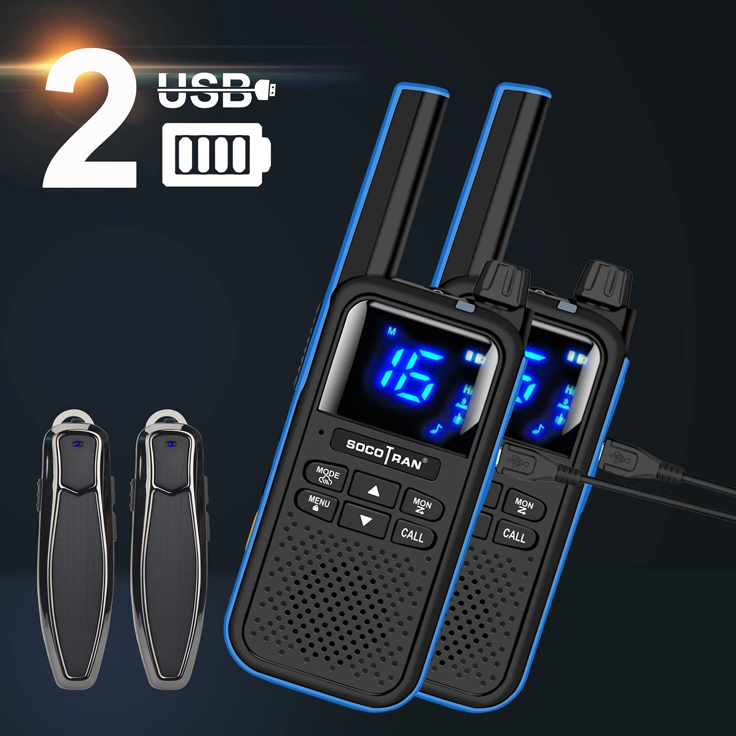 Rechargeable Walkie Talkies for Adults - Long Range Two Way Radios with Bluetooth Earpiece & Mic, NOAA Weather Alert & SOS Function, USB Charging - Ideal for Hiking, Camping, Construction Sites & Outdoor Adventures