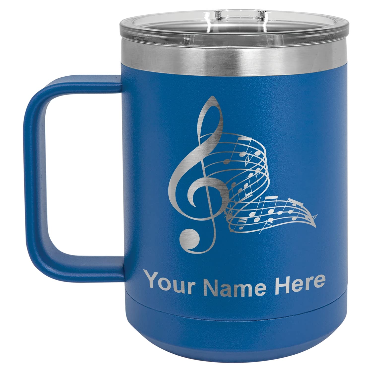 LaserGram 15oz Vacuum Insulated Stainless Steel Coffee Mug with Musical Notes Design - Personalized Engraving Included (Dark Blue) - Perfect for Office, Travel & Outdoor Activities