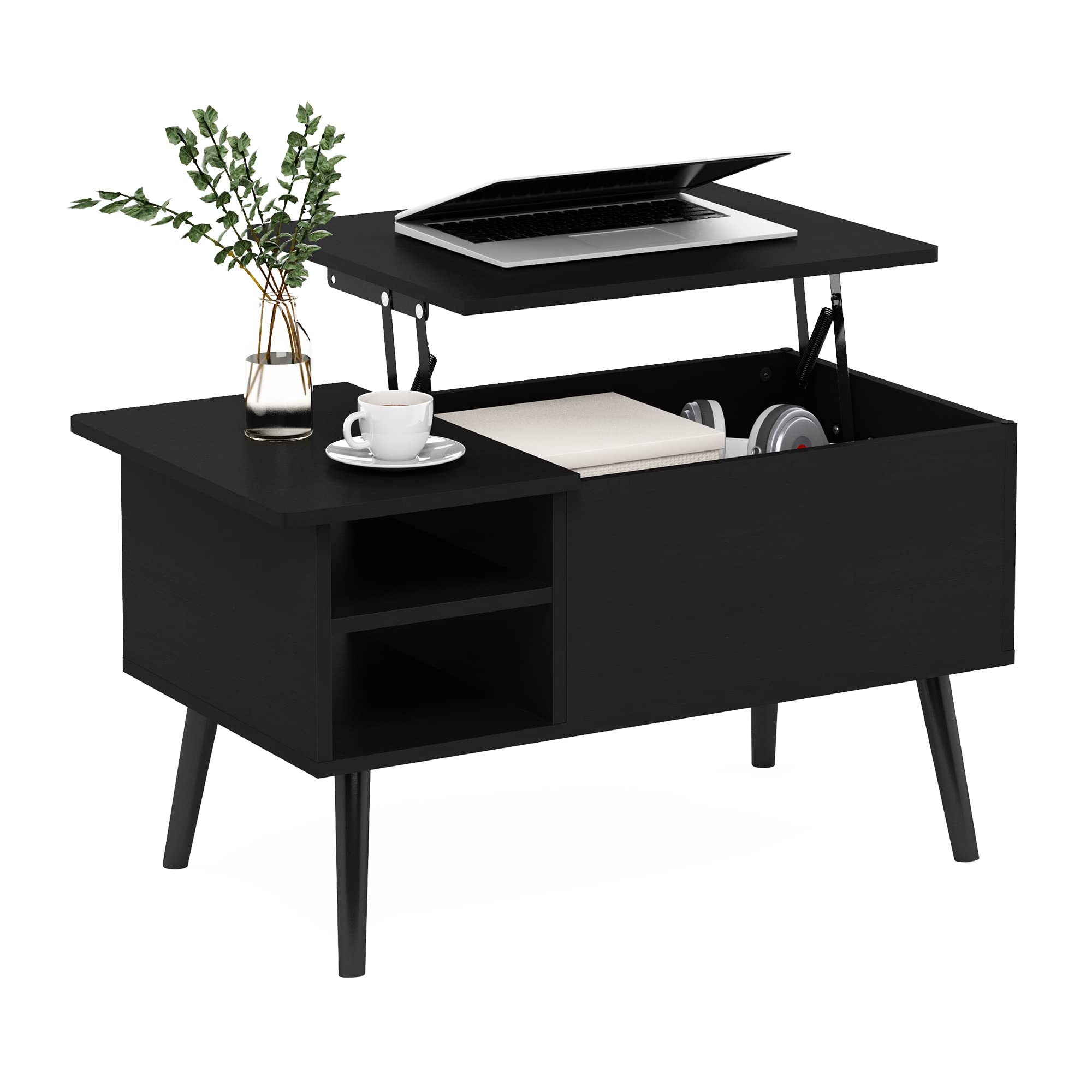 Furinno Jensen Lift Top Coffee Table with Hidden Compartment & Open Storage Shelf - Solid Wood Legs Living Room Furniture for Small Spaces | Perfect for Storing Remotes, Magazines & Home Decor