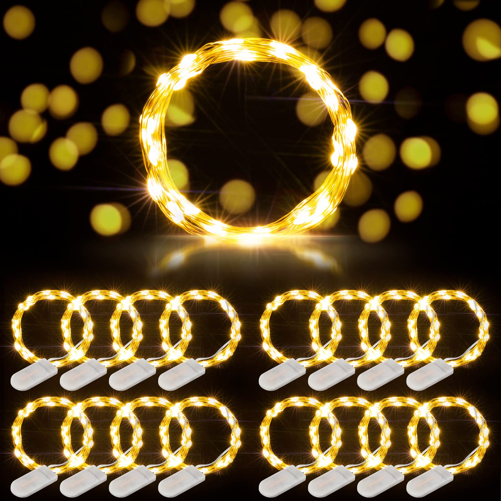 16 Pack Fairy Lights Battery Operated - 7 Ft 20 LED String Lights Waterproof, Firefly Silver Wire Mini Lights for DIY Wedding, Festival, Halloween, Christmas Decoration (Warm White) | Perfect for Bedroom, Garden, Party & Home Decor