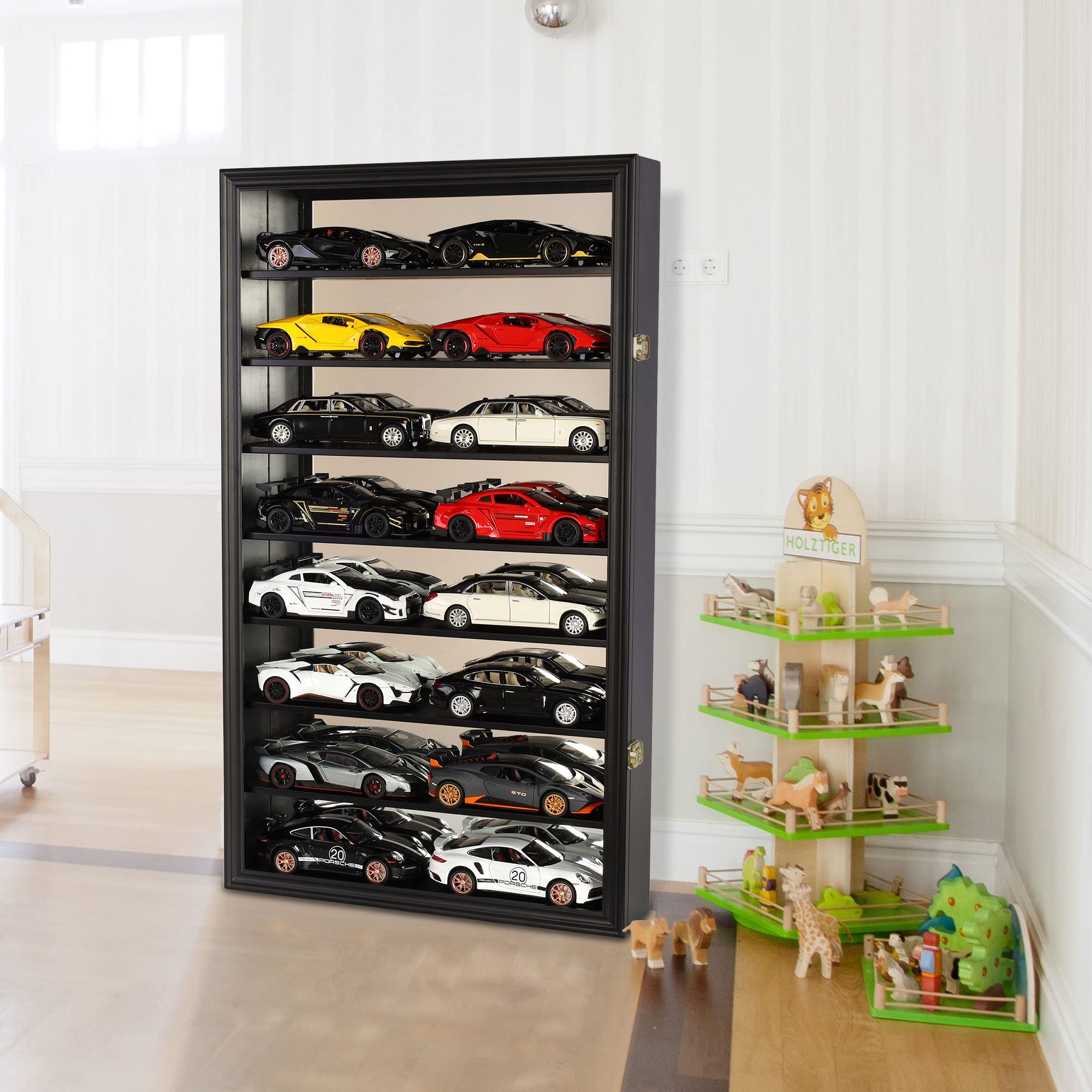 1:24 Scale Large Diecast Toy Cars with Display Case - 16 Car Holder Cabinet Compatible with Hot Wheels, Black Finish - Perfect for Collectors & Kids Playroom Decor