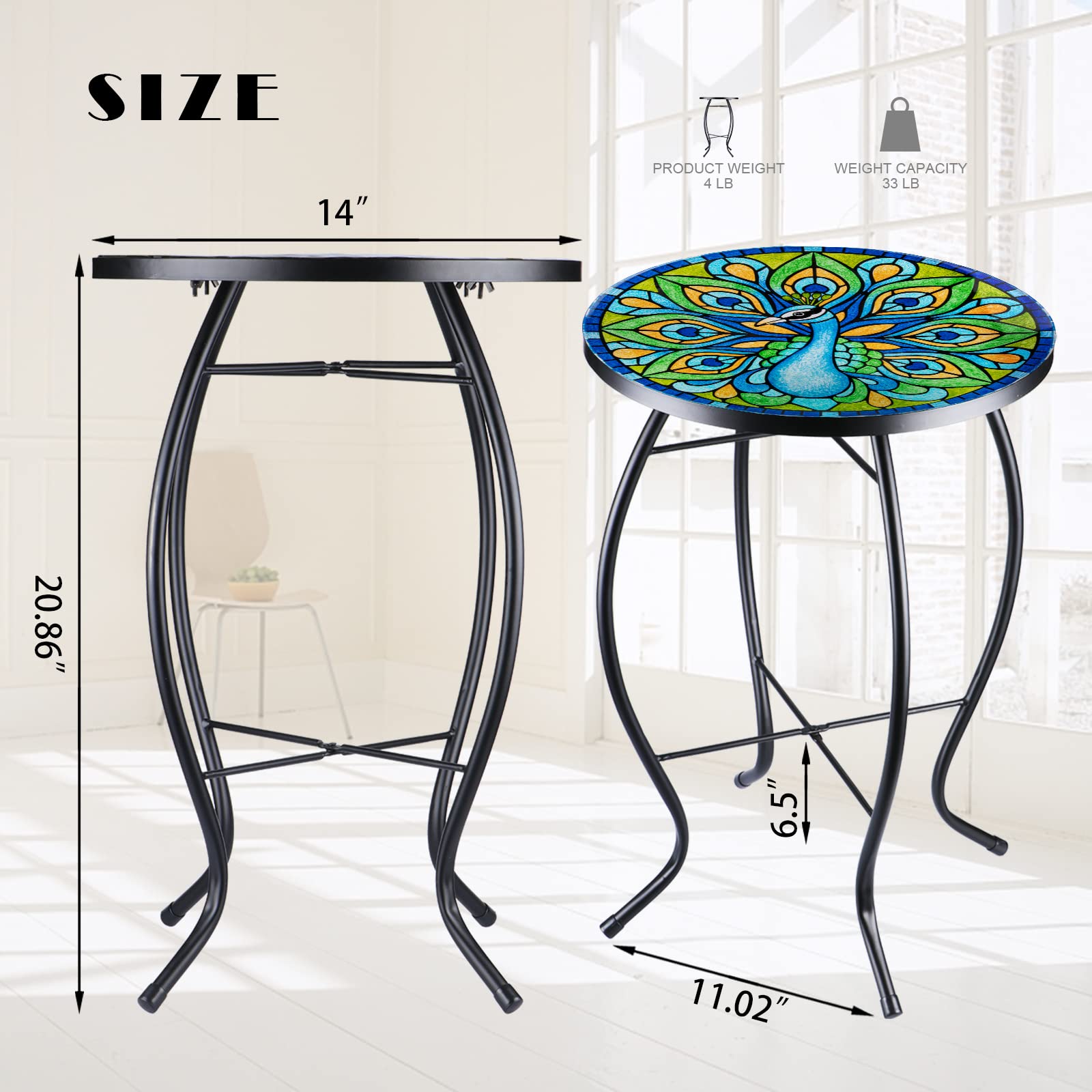 VCUTEKA Round Glass Side Table - Outdoor Patio Coffee Table, Indoor Accent End Table for Living Room, Balcony, Porch & Bistro - Perfect for Plants, Drinks & Decor (Peacock Design)