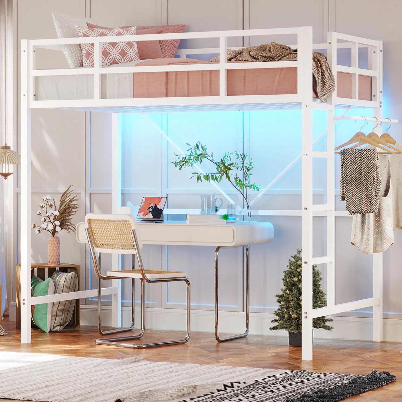 DICTAC Twin Size Loft Bed with LED Lights - Heavy Duty Metal Junior Loft Bed Frame with Full-Length Guardrail & Ladder | Noise-Free, Space-Saving Design | No Box Spring Needed | White | Perfect for Kids' Rooms, Dormitories & Small Spaces