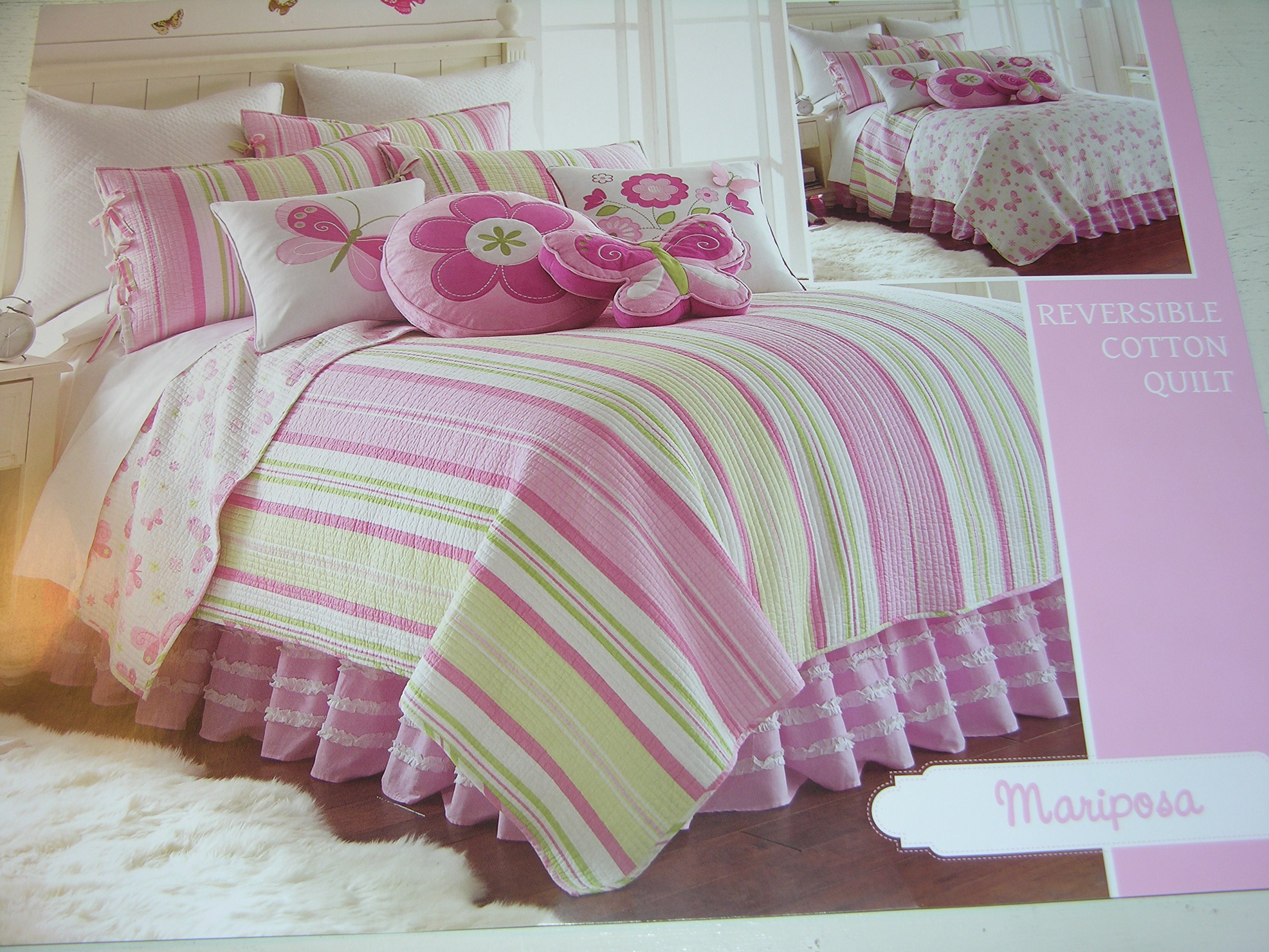 MARIPOSA Twin Reversible Cotton Quilt - Pink, Green & White Striped Floral Design for Girls Bedroom Decor | Soft Breathable Bedding for Spring & Summer Use
