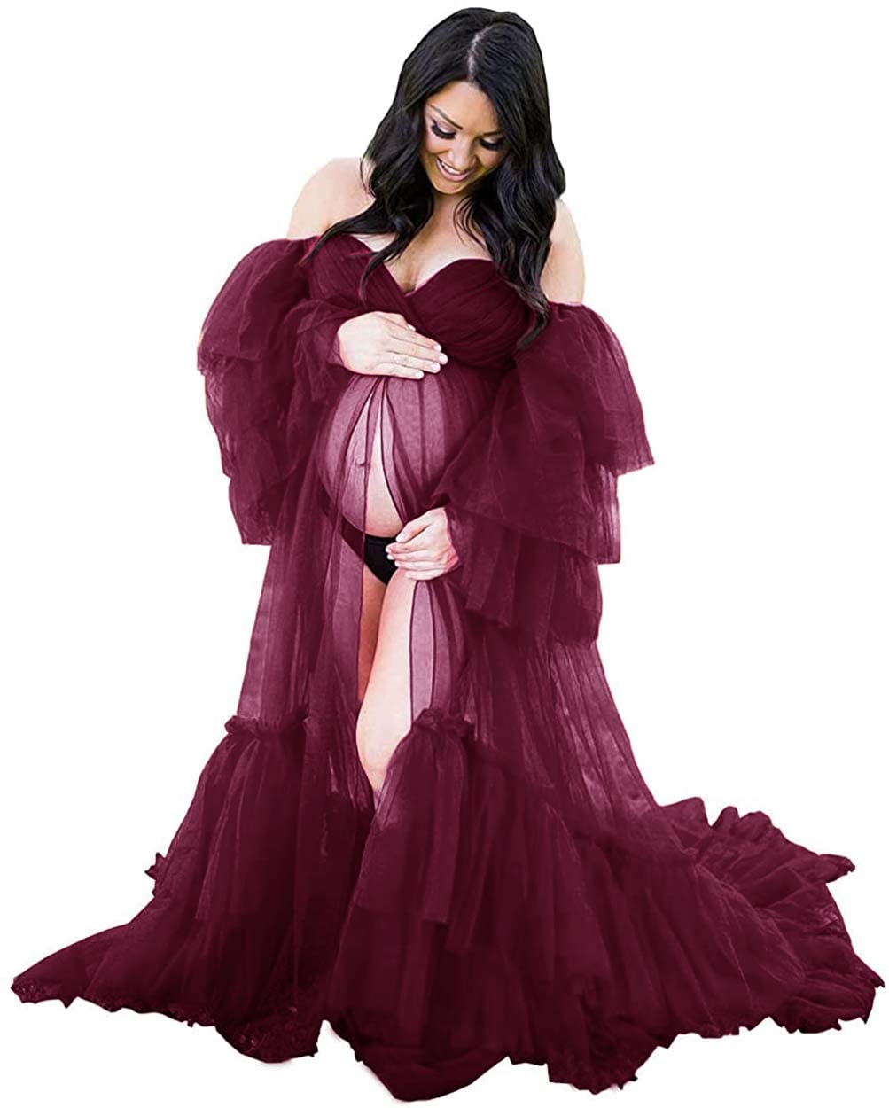 Molisa Sheer Tulle Maternity Robe - Elegant Bridal Lingerie, Wedding Photoshoot Dress, Long Scarf Nightgown & Sleepwear for Pregnancy, Boudoir, Honeymoon & Special Occasions