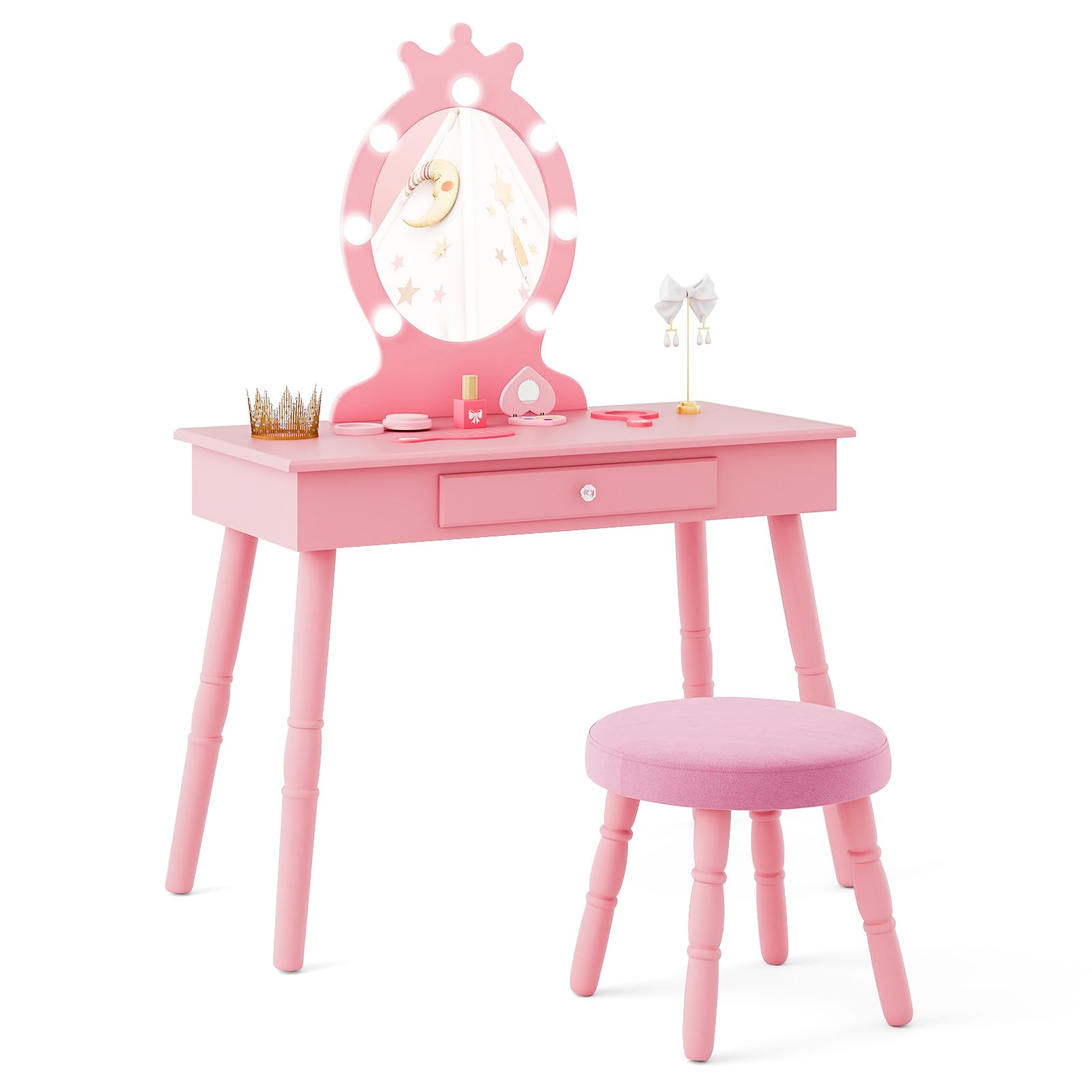 Costzon Kids Vanity Set with Mirror, Stool & LED Lights - 2-in-1 Wooden Makeup Dressing Table with Drawers for Girls - Pretend Play Vanity Desk & Chair Set (Pink) - Perfect for Birthday Gifts, Bedroom Decor & Role Play Activities