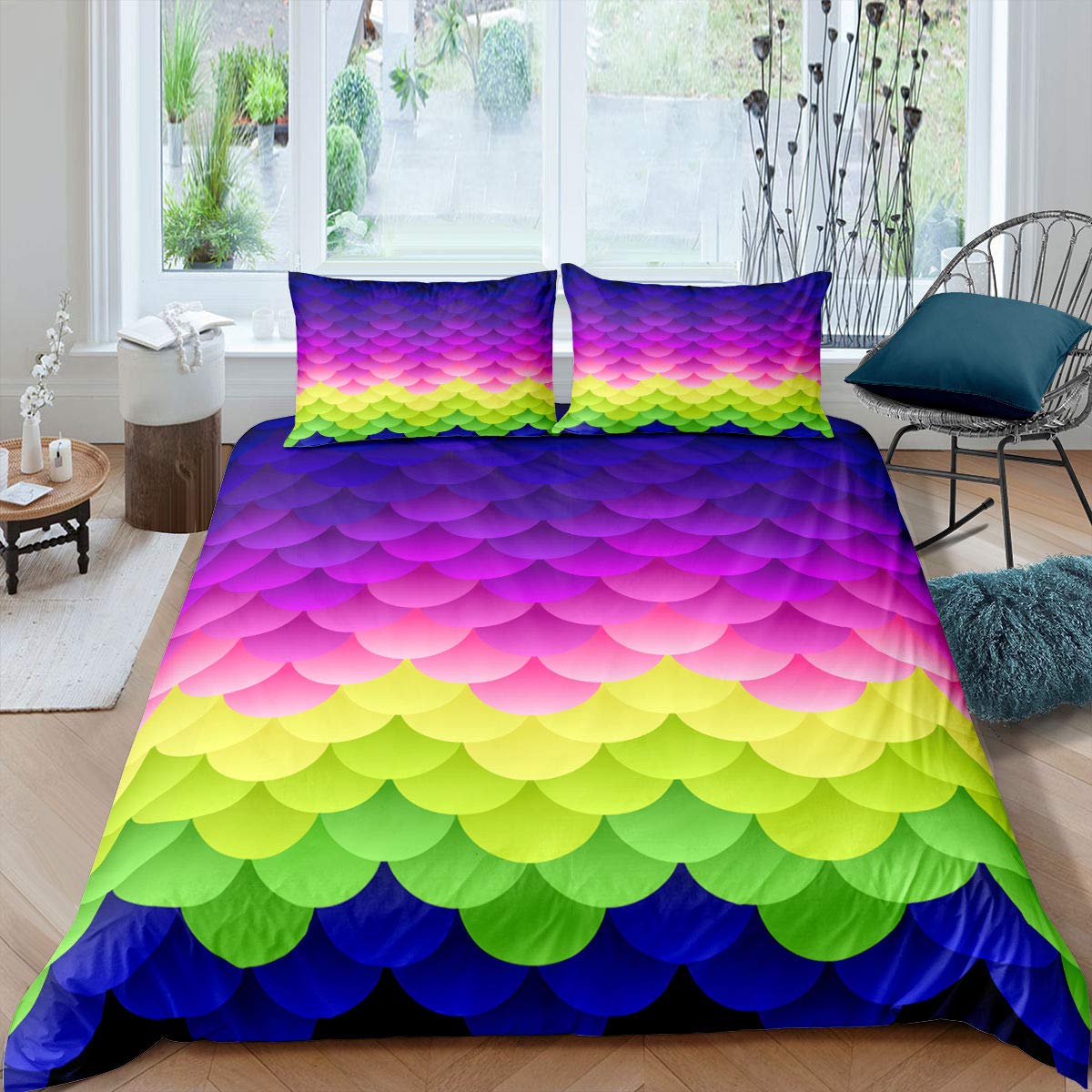 Erosebridal Kids Mermaid Scales Comforter Set - King Size Fish Scale Duvet Cover with Underwater World & Seigaiha Pattern, Colorful Marine Life Bedding for Boys & Girls Room Decor - Perfect for Themed Bedrooms, Birthday Gifts, and Ocean Lover's Home Decor