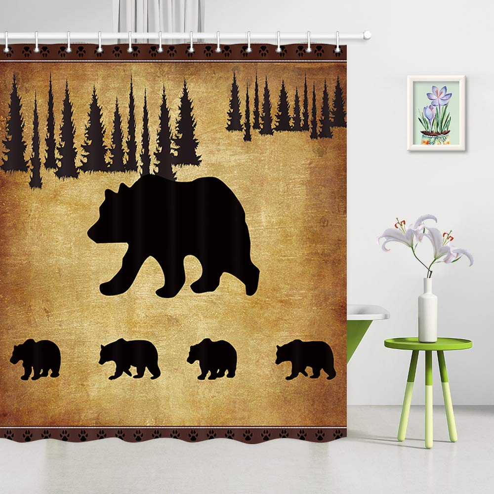 JAWO Black Bear Shower Curtain and Bath Mat Set - Rustic Cabin Decor with Animal Print, 69x70 Inch Fabric Shower Curtain & Bathroom Rug - Perfect for Cabin, Lodge, or Nature-Themed Bathroom Decor
