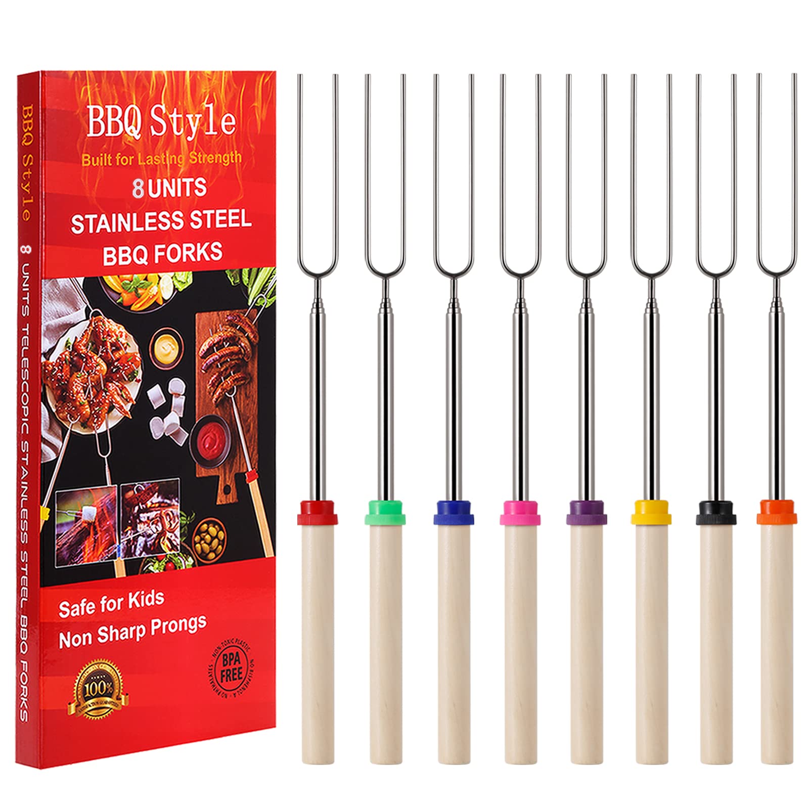 8-Pack Telescopic Marshmallow Roasting Sticks - 32 Inch Extendable Smores Forks for Campfire, BBQ & Bonfire - Perfect for Hot Dogs, Marshmallows & Outdoor Cooking - Ideal for Camping, Picnics & Backyard Gatherings