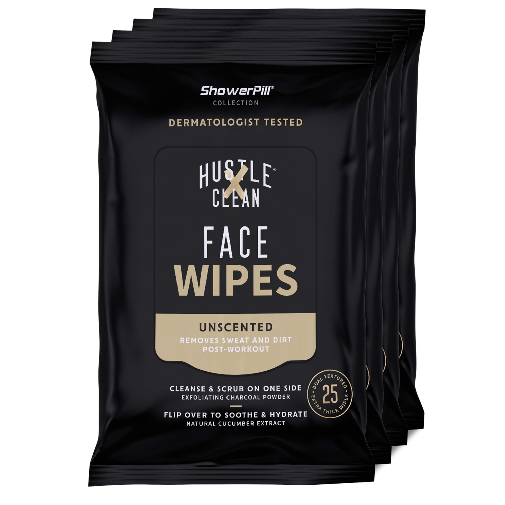 **Hustle Clean ShowerPill Face Wipes - 100 Count, Dual-Textured Cleansing Cloths with Charcoal & Cucumber for Deep Cleansing - Perfect for Gym, Travel & Post-Workout Refresh**