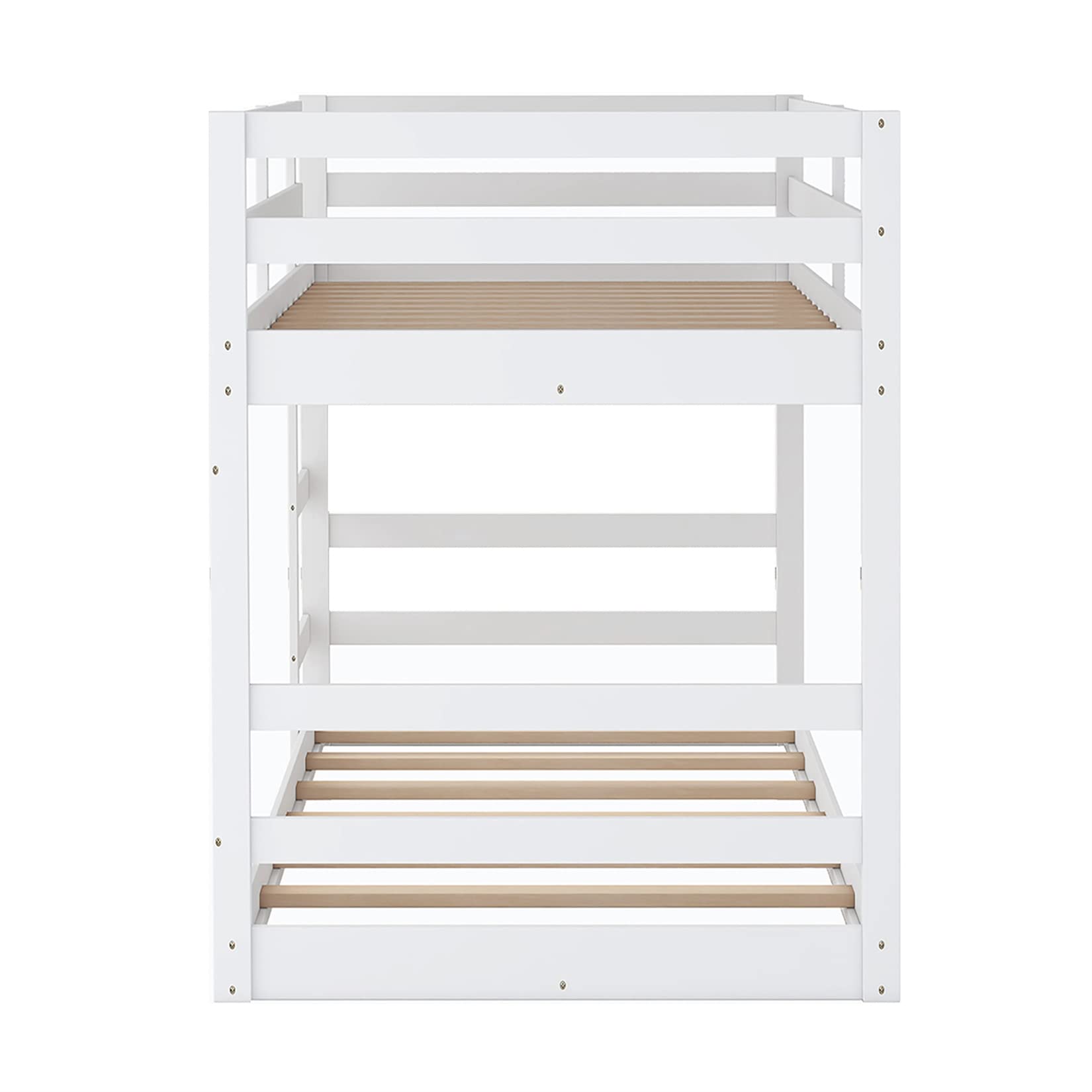 Twin Over Twin Wooden Bunk Bed Frame for Kids & Teens - Low Profile Floor Bunkbed for Boys, Girls, Toddlers - Perfect for Small Bedrooms, Dorms & Shared Kids' Rooms (White)