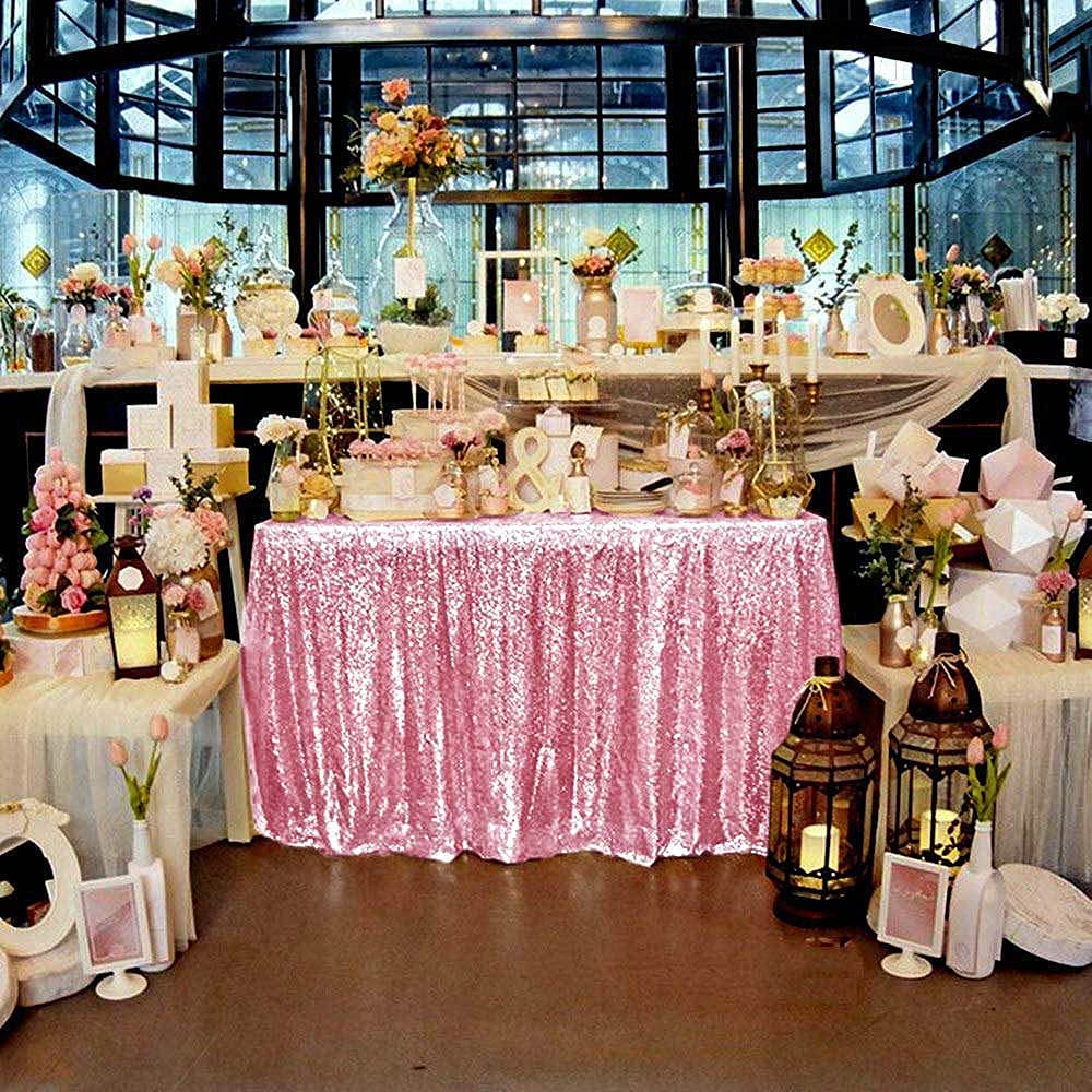 DUOBAO 50x50 Inch Sequin Tablecloth Square - Pink Gold Shimmer Wedding Table Cover, Linen Table Cloth Overlay for Birthday Party, Anniversary, Bridal Shower Decorations | Elegant Dining & Event Table Setting
