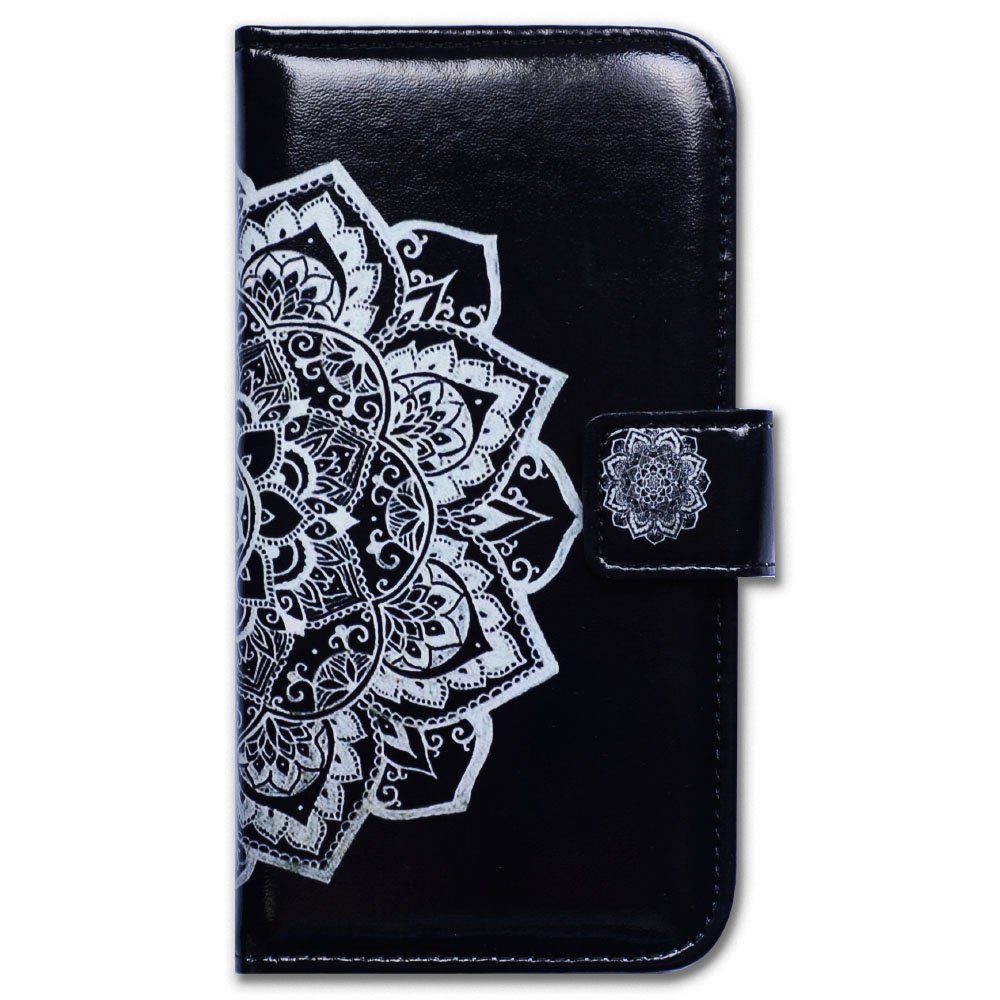 Premium Leather Wallet Case for Samsung Galaxy S10e - Black with White Mandala Design, Credit Card Holder, ID Slot & Kickstand | Perfect for Work, Travel & Daily Protection